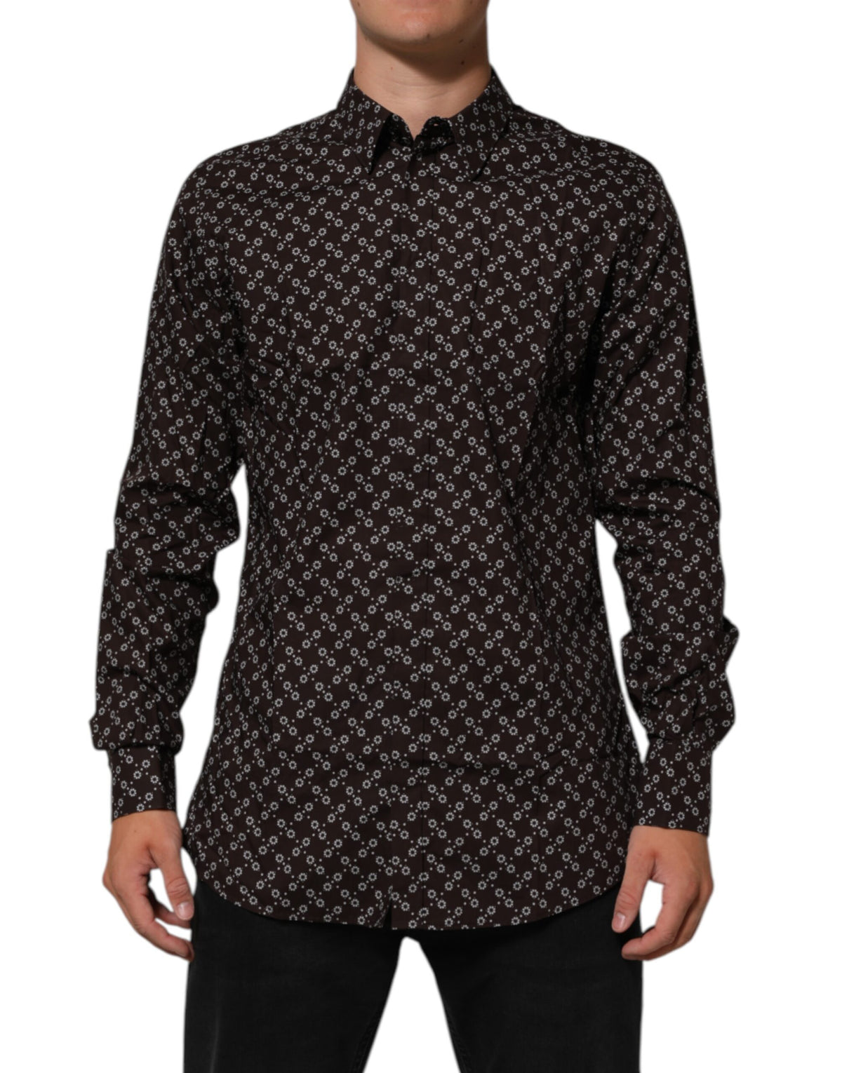 Dolce & Gabbana BrownFloral Collared GOLD Formal Dress Men's Shirt