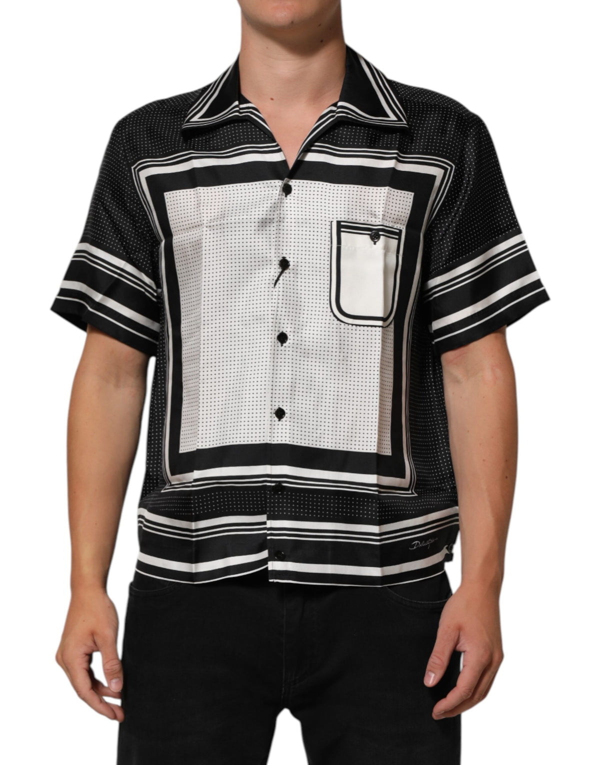 Dolce & Gabbana Black White StripeDot Print Casual Polo Men's Shirt