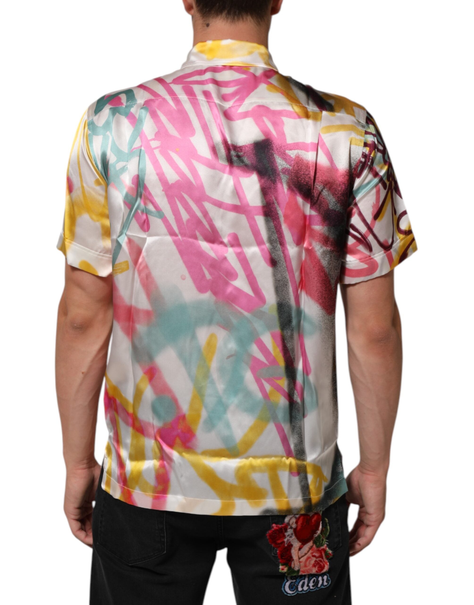 Dolce & Gabbana White Silk Hawaiian Graffiti Print Men Casual Men's Shirt