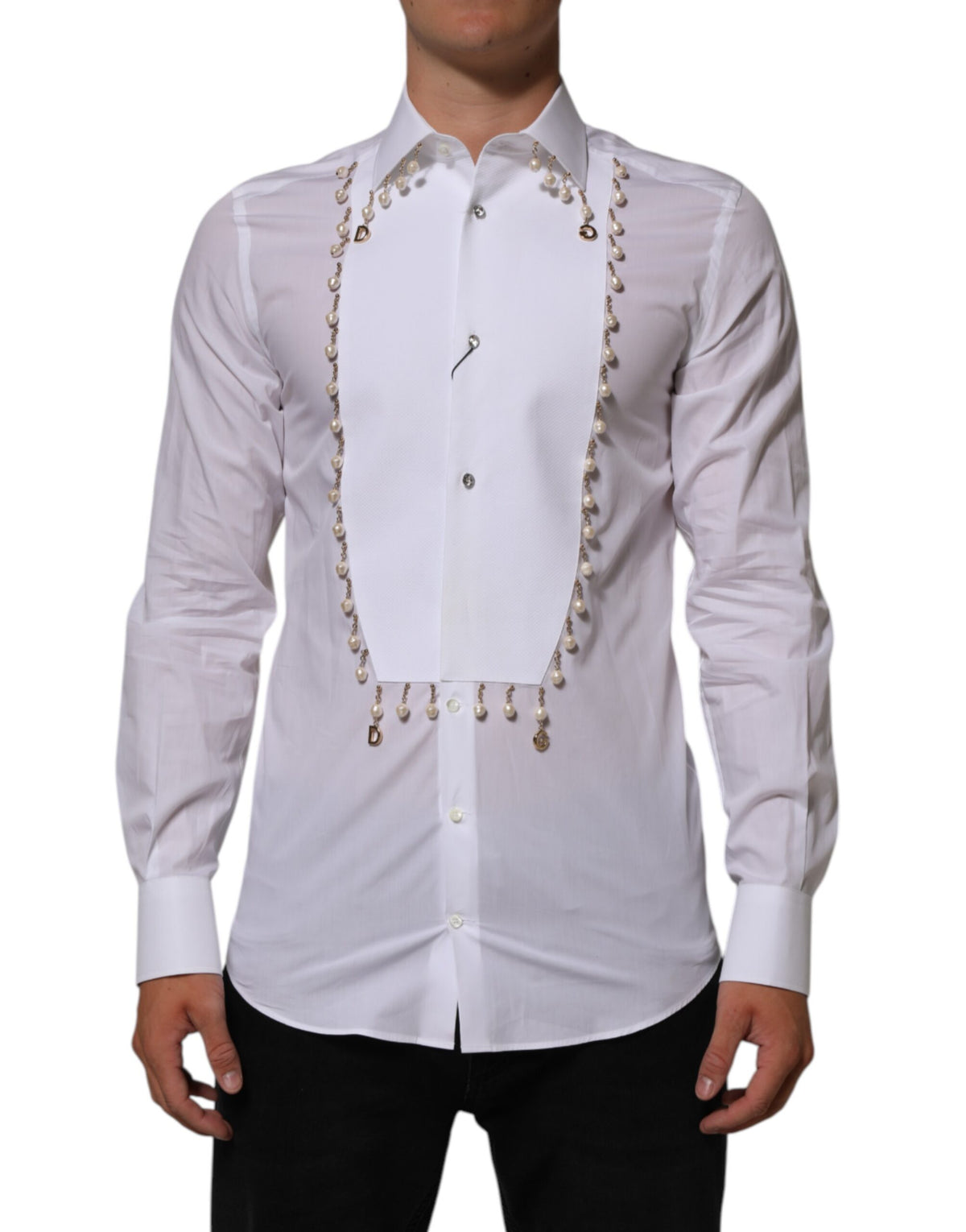 Dolce & Gabbana White Cotton DG Logo Pearl GOLD Formal Men's Shirt