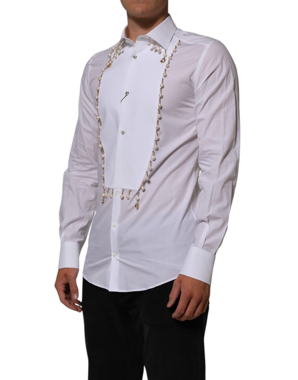 Dolce & Gabbana White Cotton DG Logo Pearl GOLD Formal Men's Shirt
