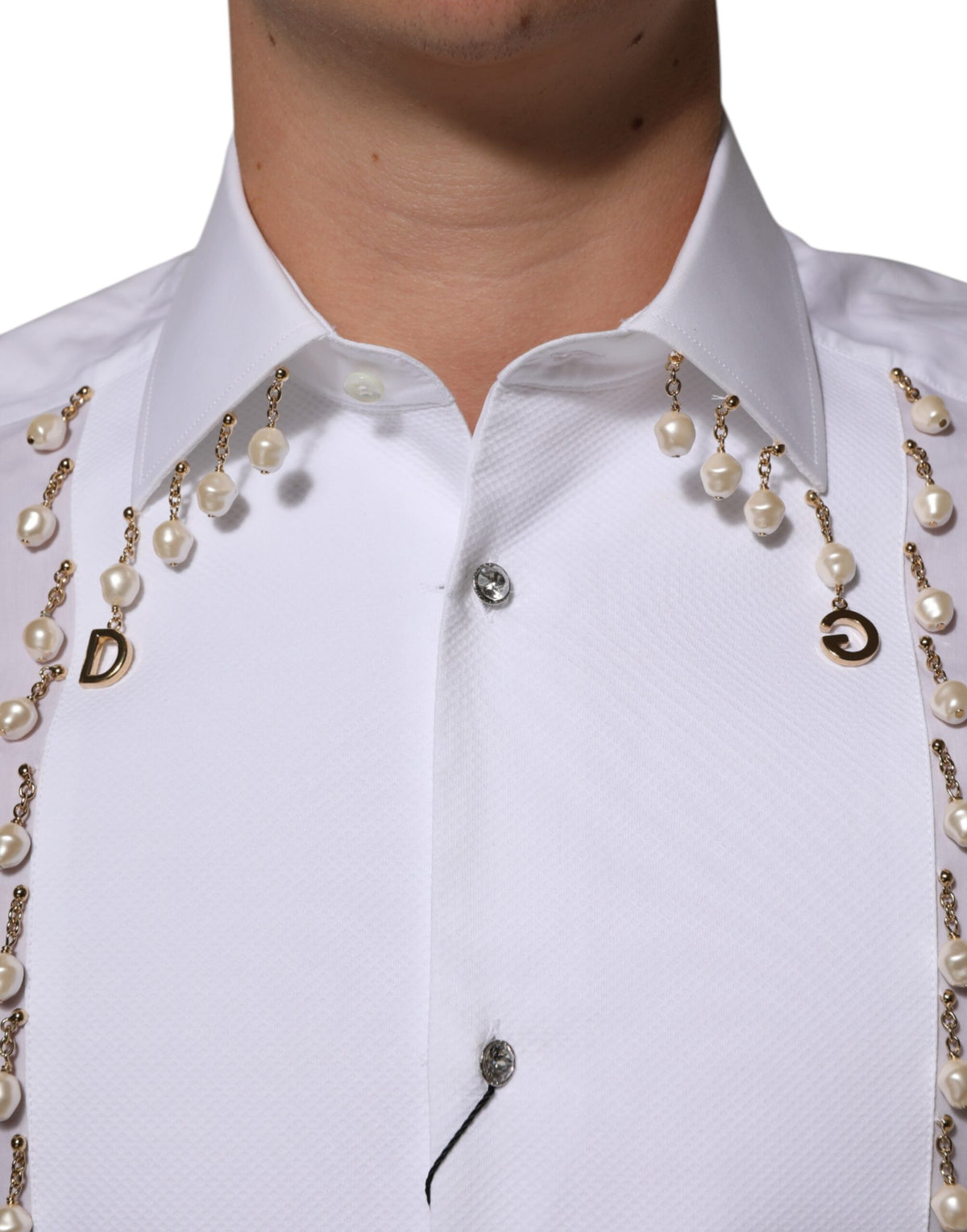 Dolce & Gabbana White Cotton DG Logo Pearl GOLD Formal Men's Shirt