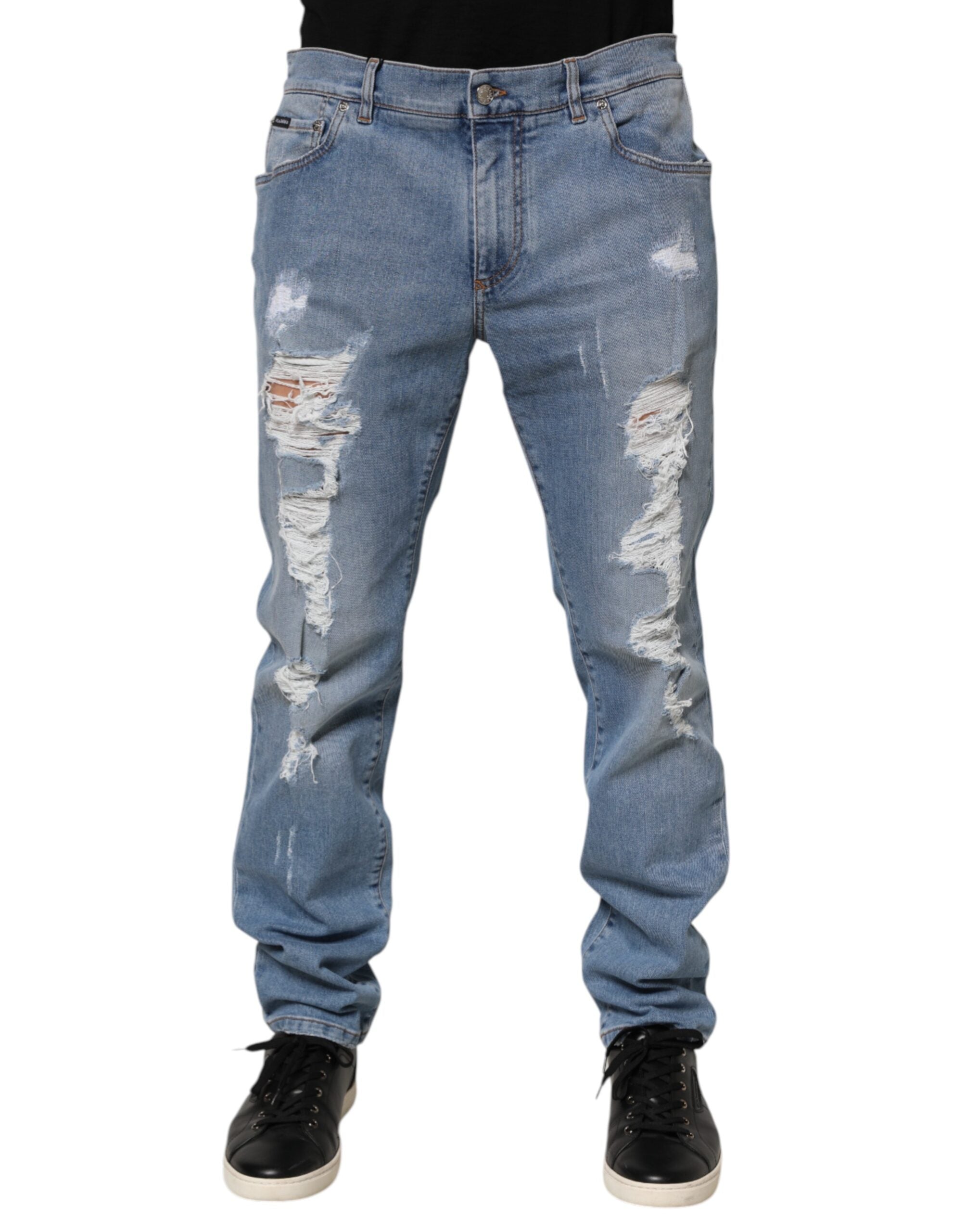 Dolce & Gabbana Blue Tattered Slim Fit Cotton Denim Men's Jeans