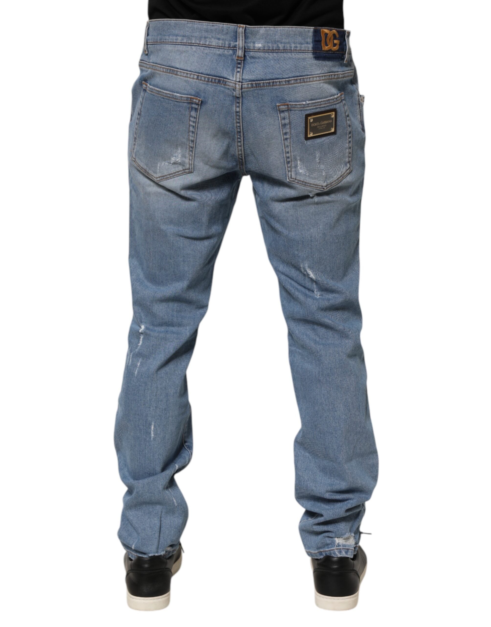 Dolce & Gabbana Blue Tattered Slim Fit Cotton Denim Men's Jeans