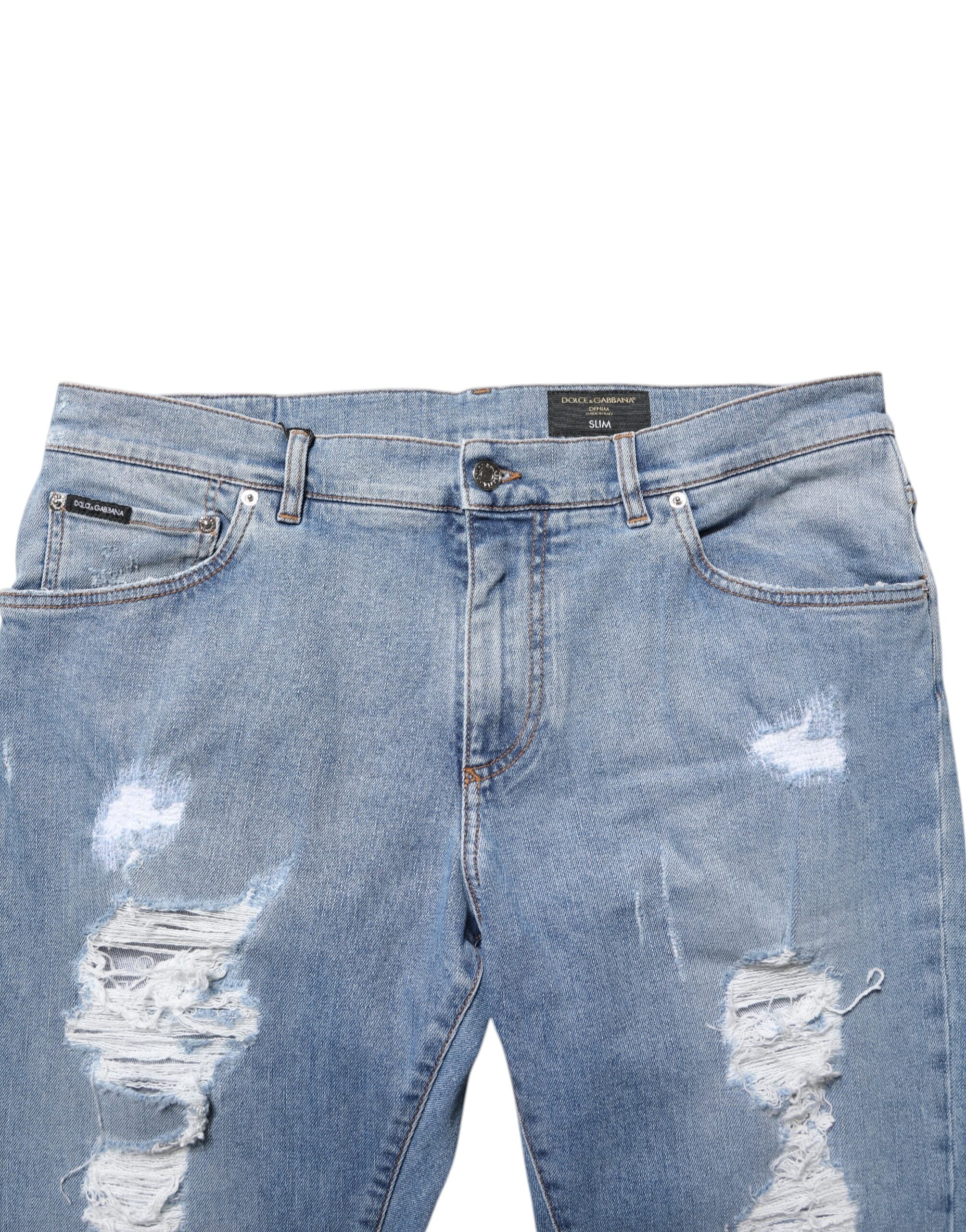 Dolce & Gabbana Blue Tattered Slim Fit Cotton Denim Men's Jeans