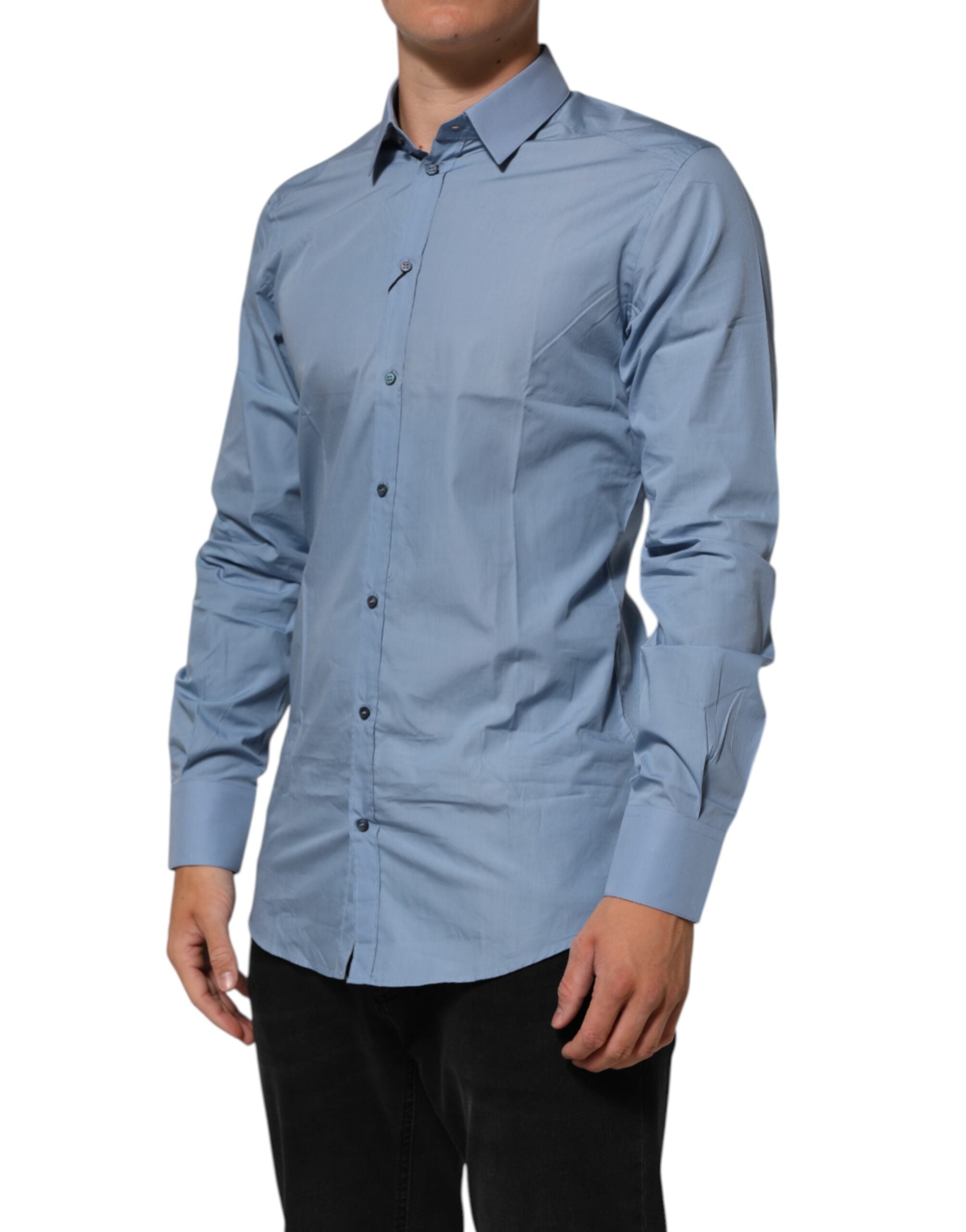 Dolce & Gabbana Blue Cotton Collared GOLD Formal Dress Men's Shirt (Pre-Owned)