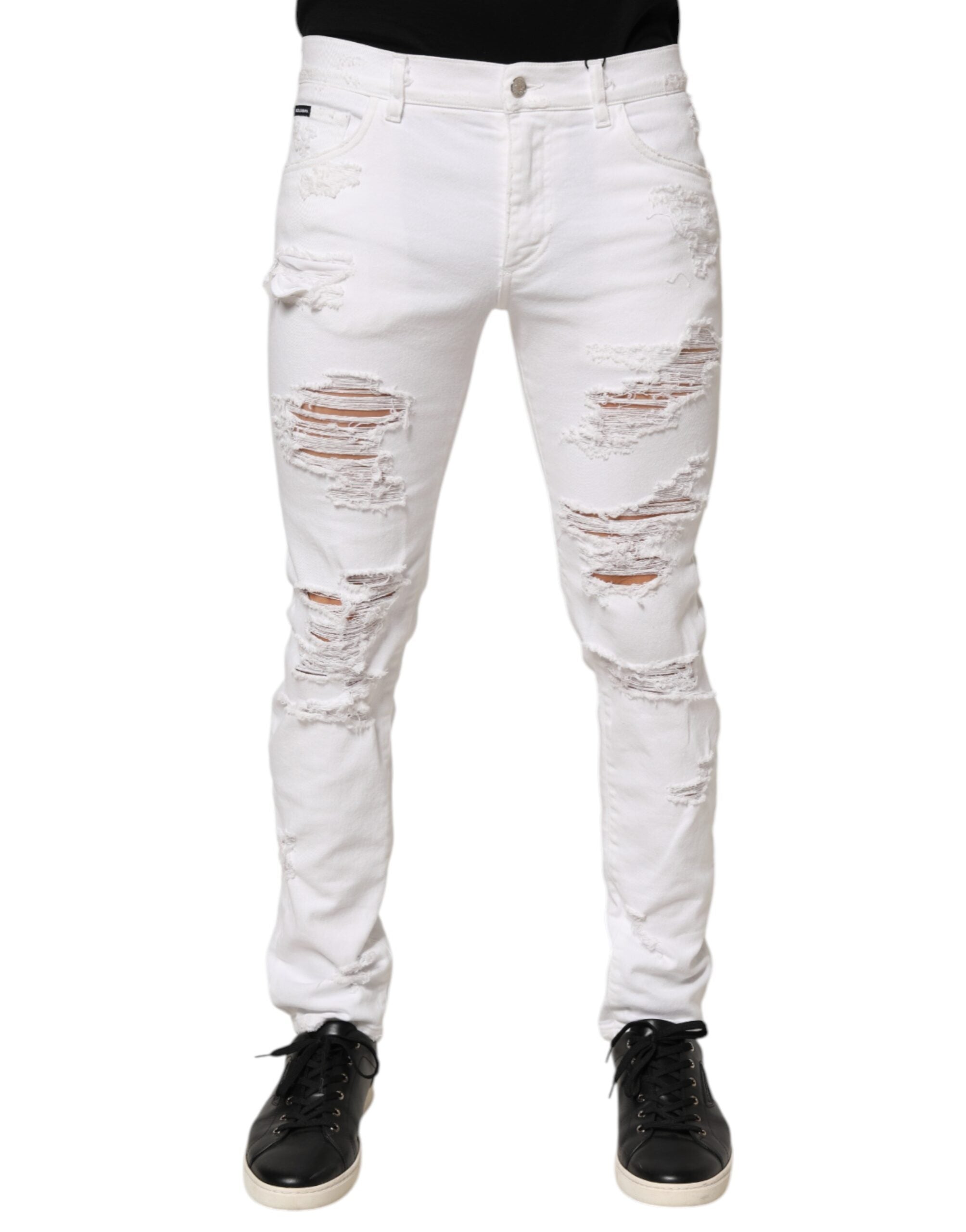 Dolce & Gabbana White Distressed Ripped Denim Trouser Men's Jeans