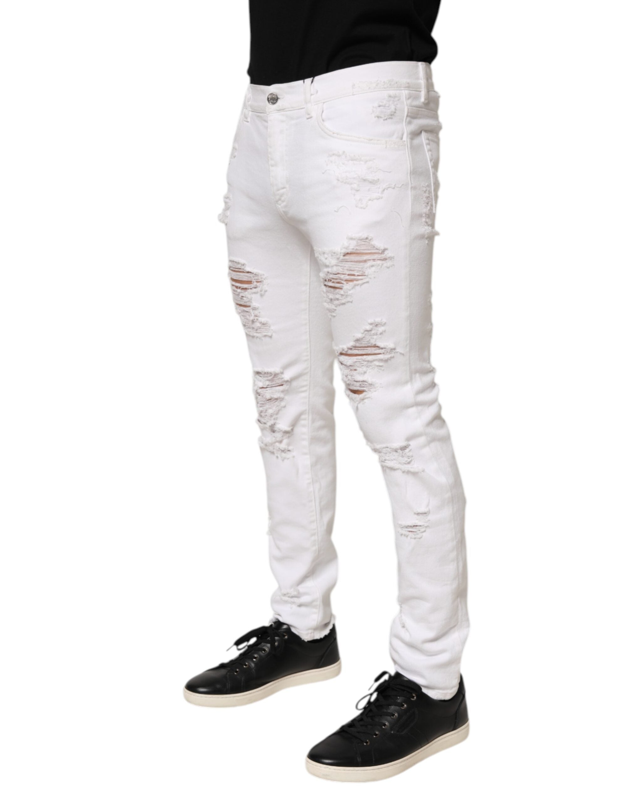 Dolce & Gabbana White Distressed Ripped Denim Trouser Men's Jeans