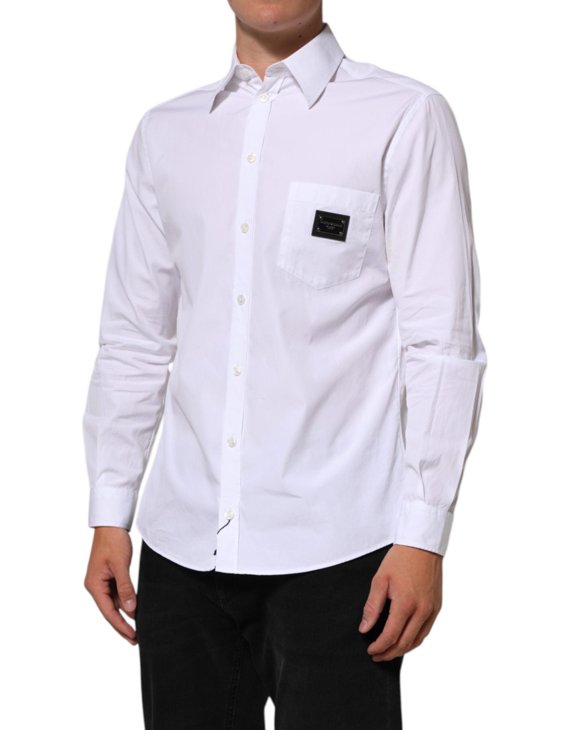 Dolce & Gabbana White Logo Plaque Collared Formal Dress Men's Shirt (Pre-Owned)