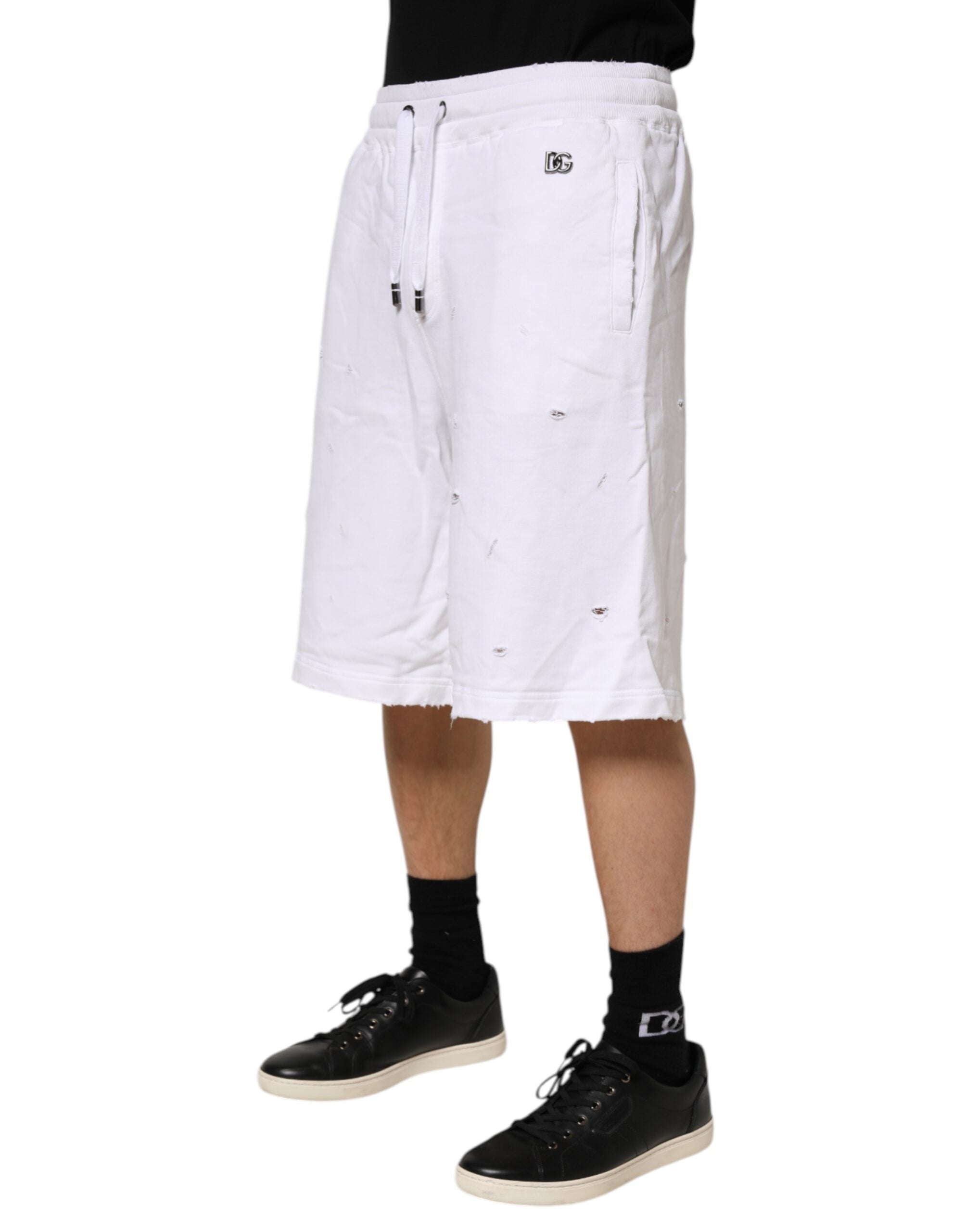 Dolce & Gabbana White Ripped Mid Waist Casual Bermuda Men's Short (Pre-Owned)