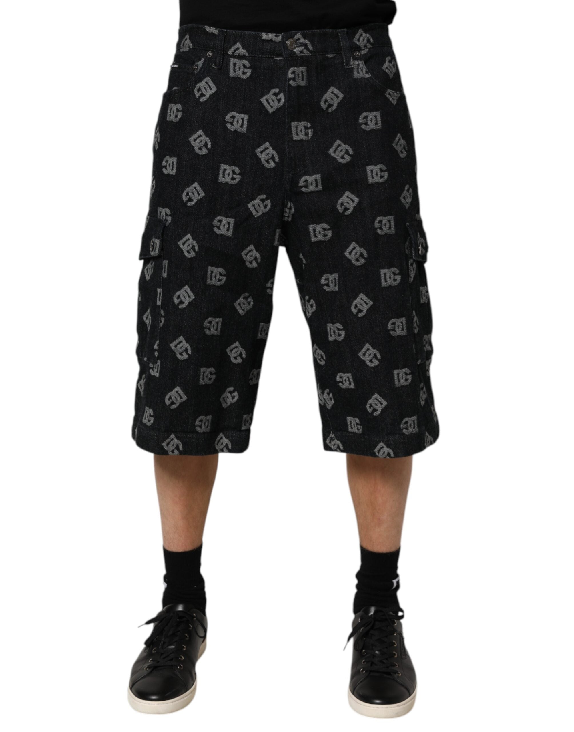 Dolce & Gabbana Black Monogram Denim Cargo Men Bermuda Men's Short