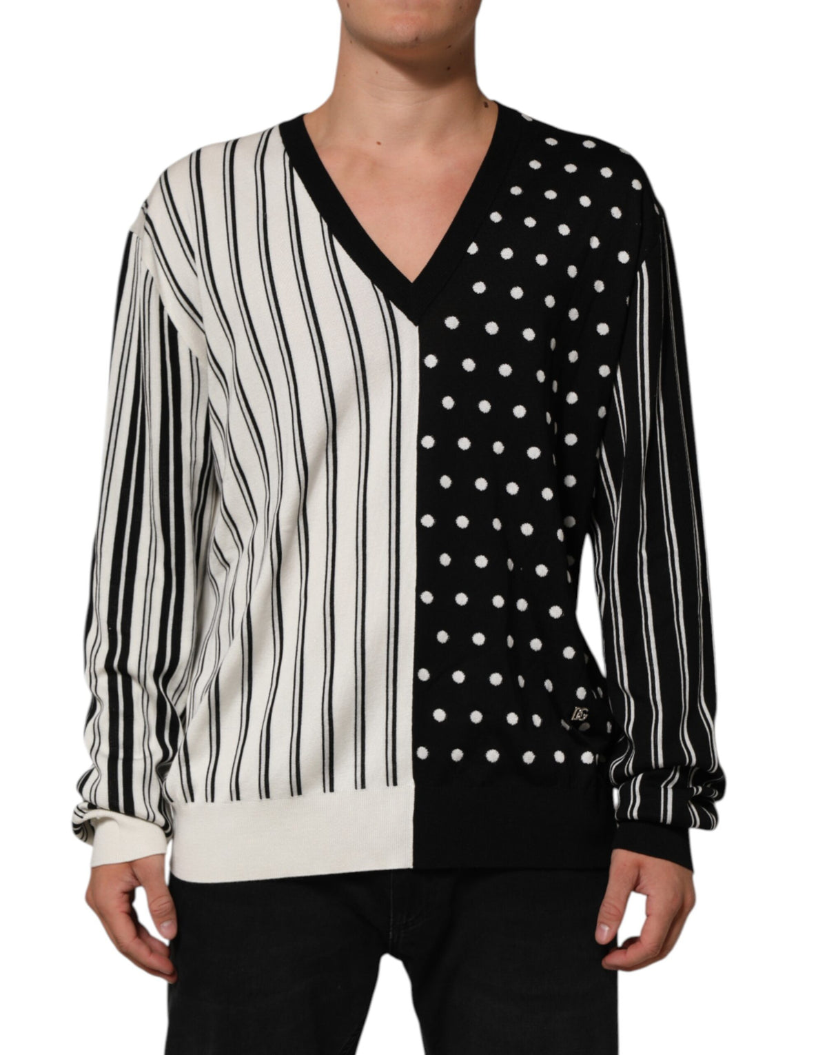 Dolce & Gabbana Black White Stripe Polka V-Neck Pullover Men's Sweater (Pre-Owned)