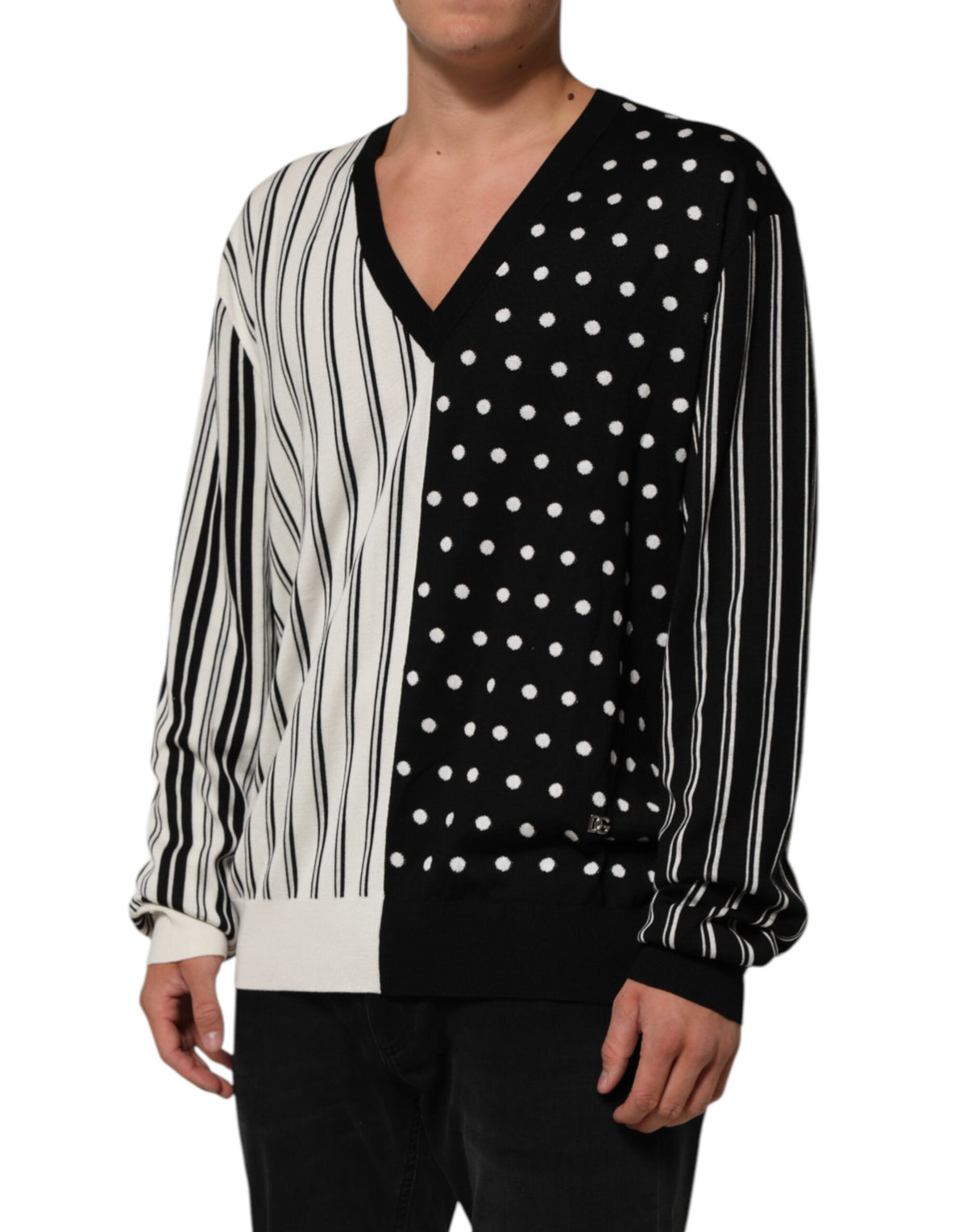 Dolce & Gabbana Black White Stripe Polka V-Neck Pullover Men's Sweater (Pre-Owned)