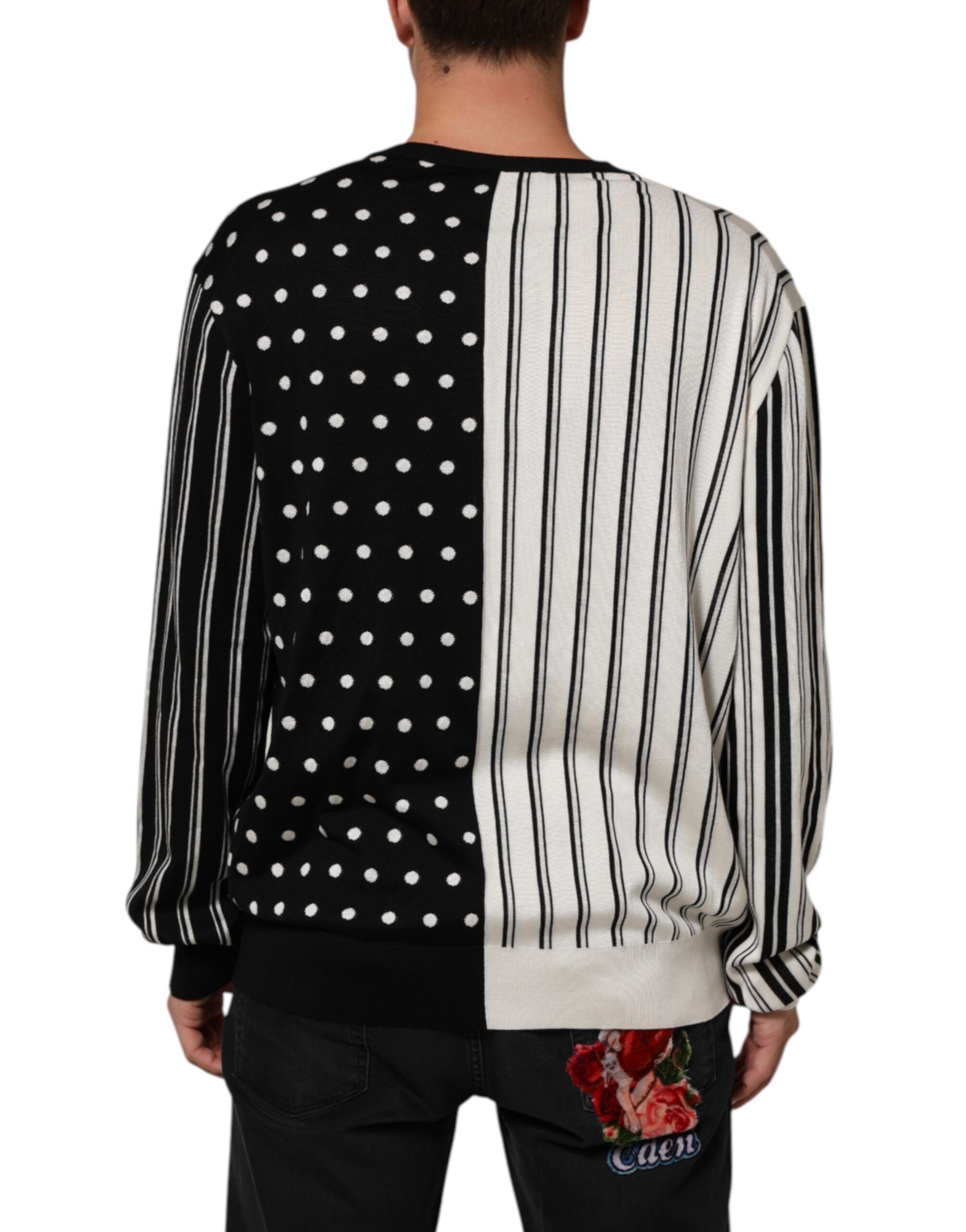 Dolce & Gabbana Black White Stripe Polka V-Neck Pullover Men's Sweater (Pre-Owned)