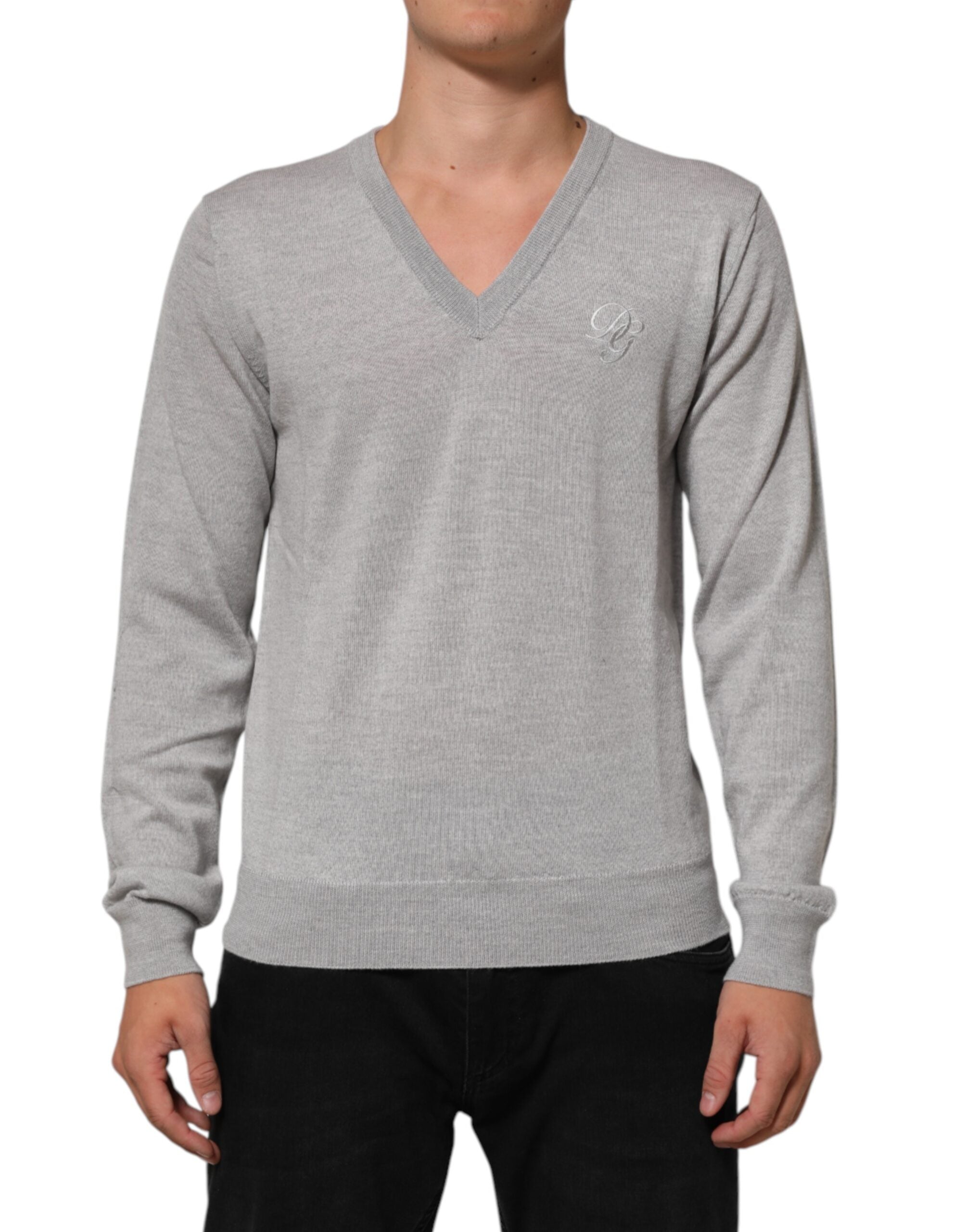 Dolce & Gabbana Gray Wool Knit Logo V-Neck Pullover Men's Sweater (Pre-Owned)