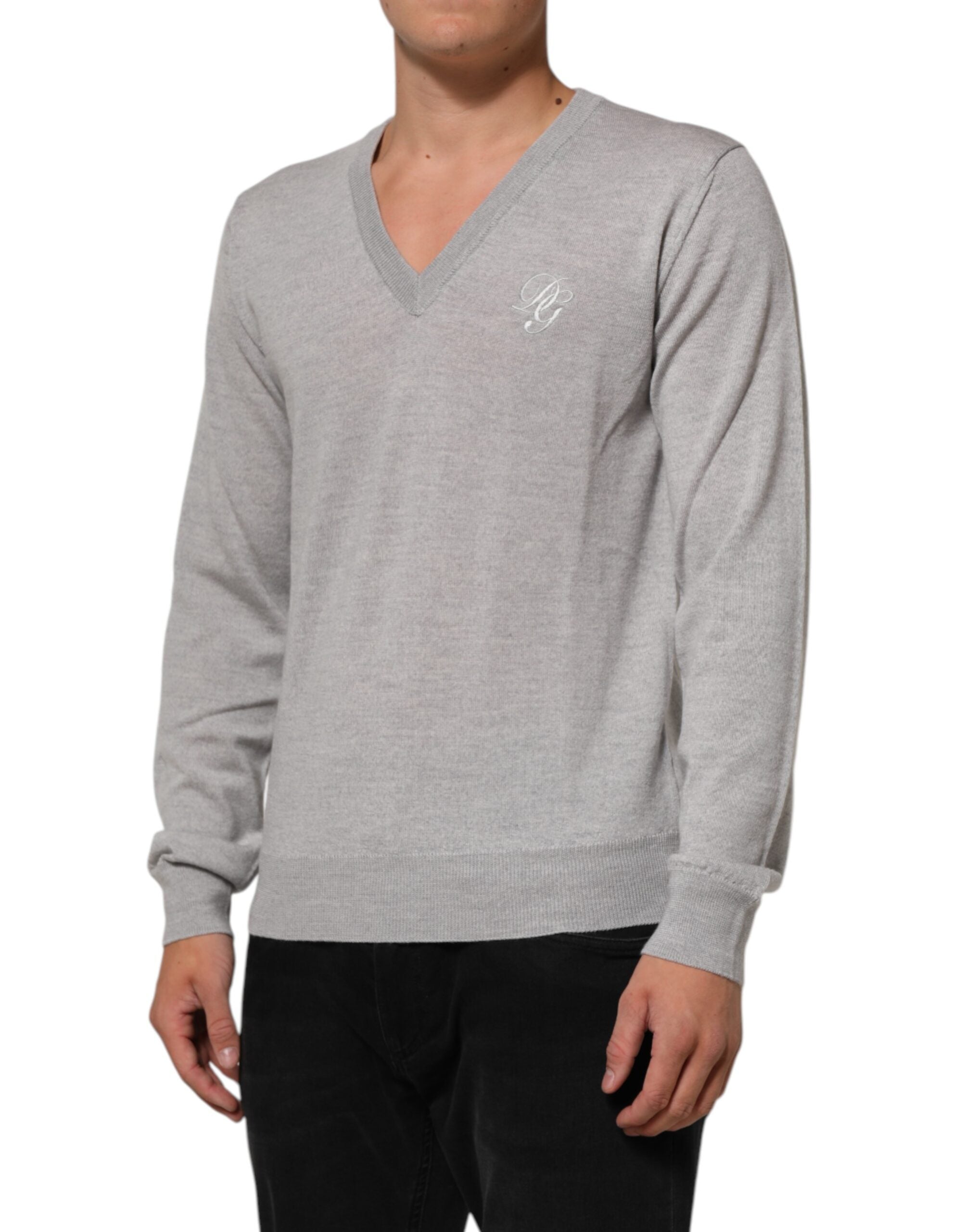 Dolce & Gabbana Gray Wool Knit Logo V-Neck Pullover Men's Sweater (Pre-Owned)