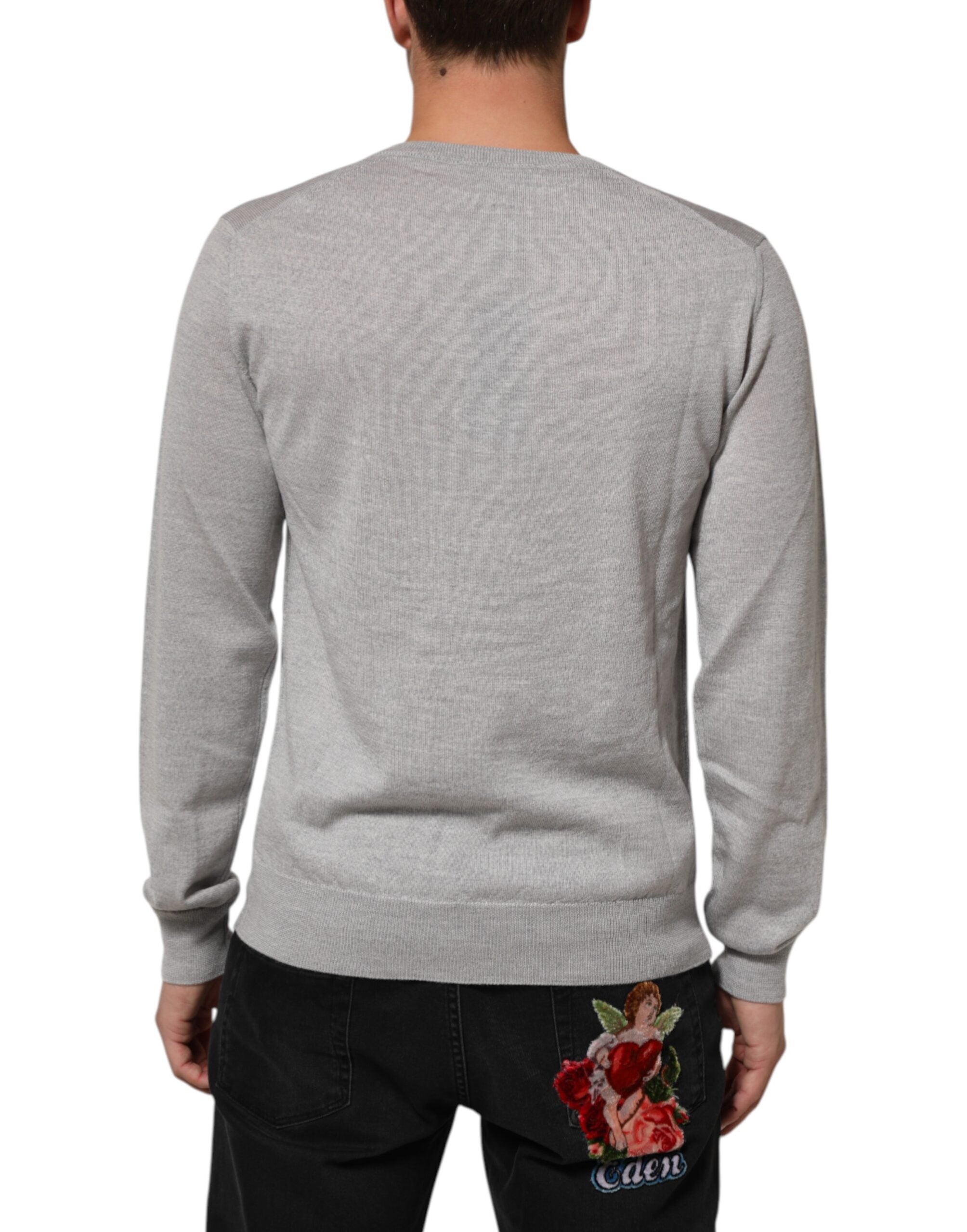 Dolce & Gabbana Gray Wool Knit Logo V-Neck Pullover Men's Sweater (Pre-Owned)