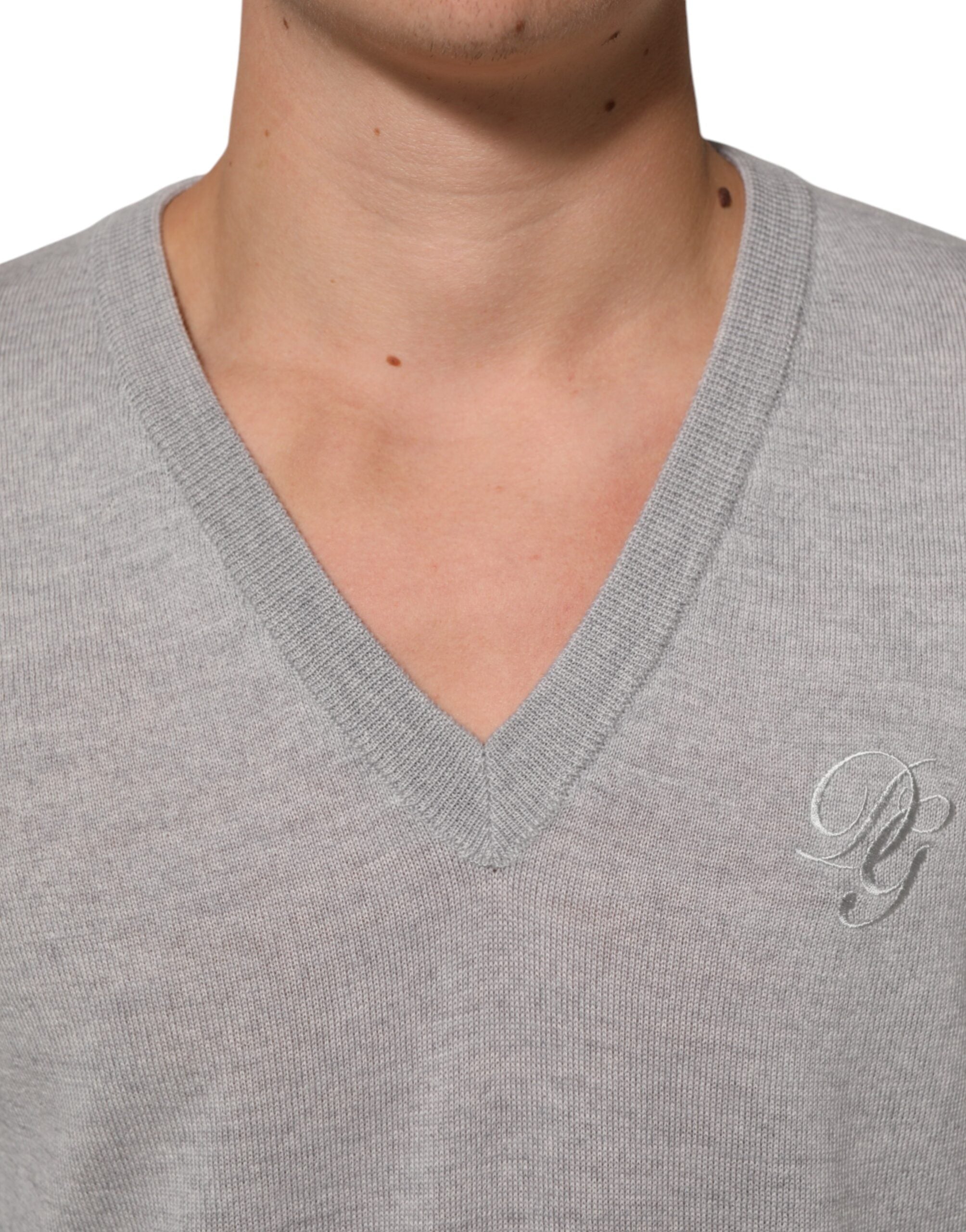 Dolce & Gabbana Gray Wool Knit Logo V-Neck Pullover Men's Sweater (Pre-Owned)