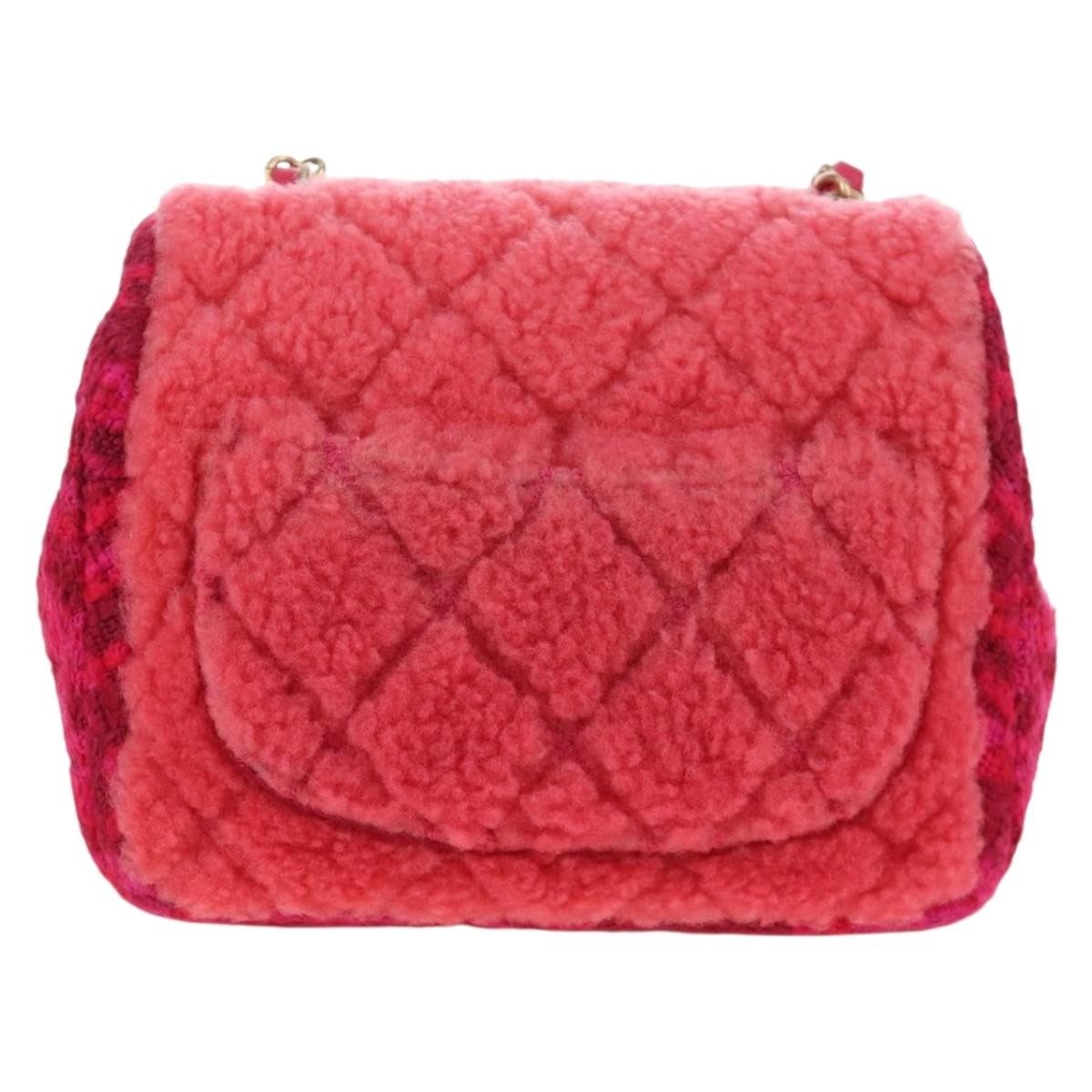 Chanel Vintage Square Classic Single Flap Quilted Shearling And Tweed Pink Canvas Handbag (Pre-Owned)