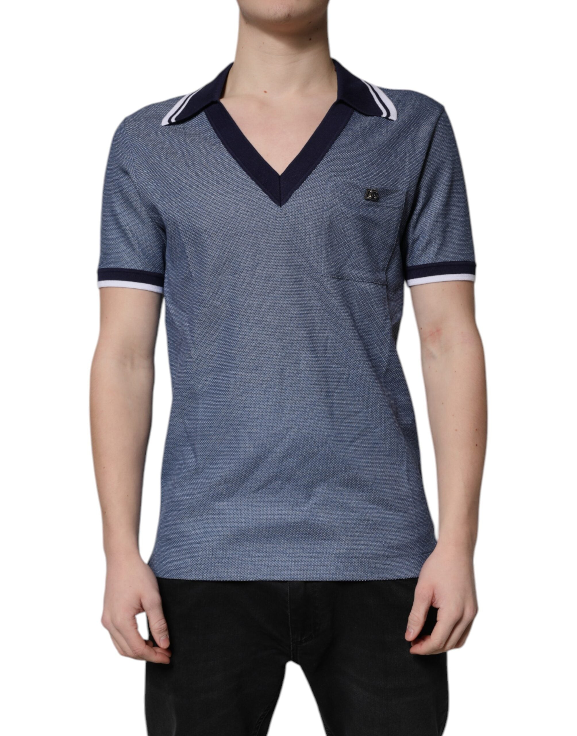 Dolce & Gabbana Blue Collared V-neck Silk Blend Polo Men's T-shirt