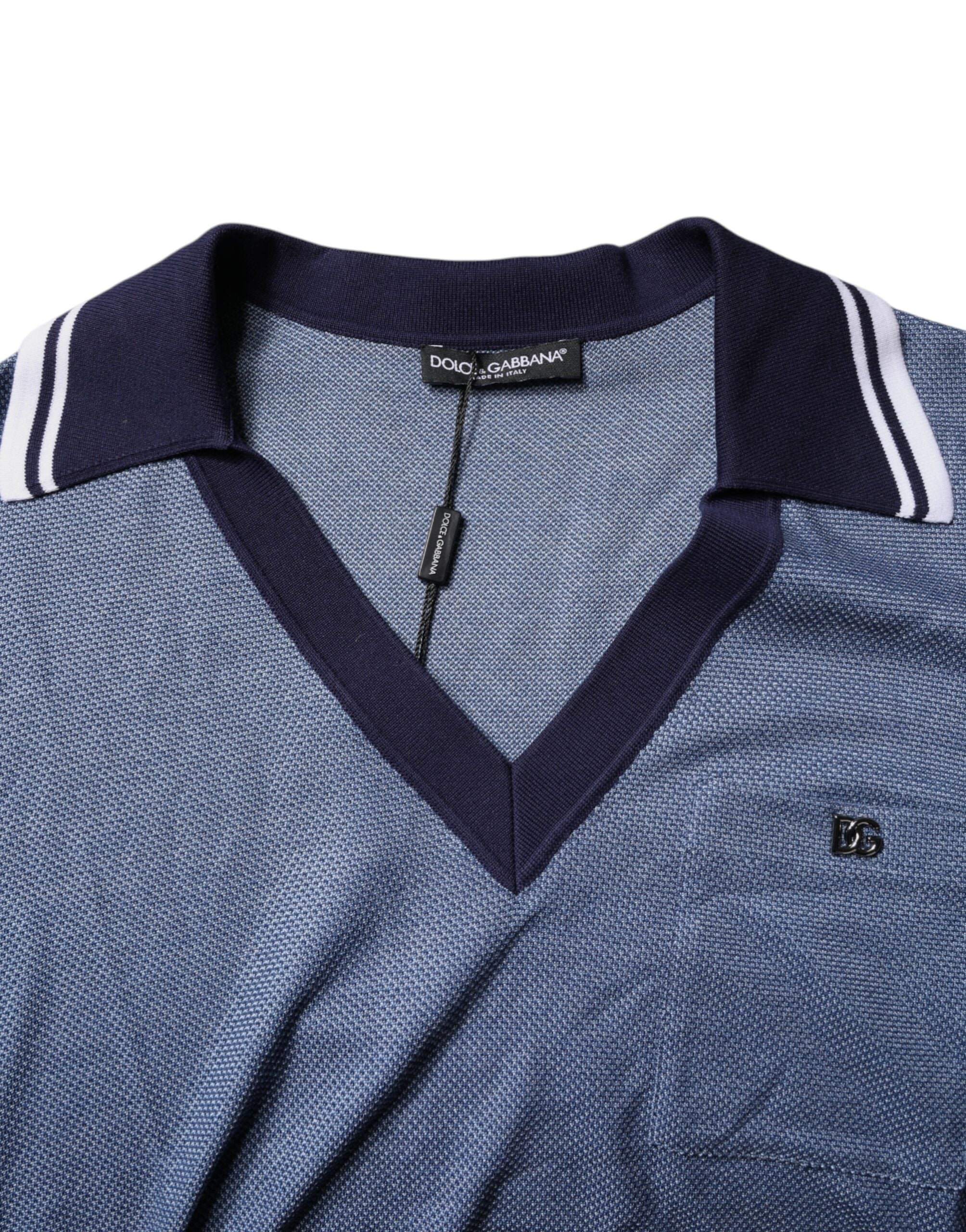 Dolce & Gabbana Blue Collared V-neck Silk Blend Polo Men's T-shirt
