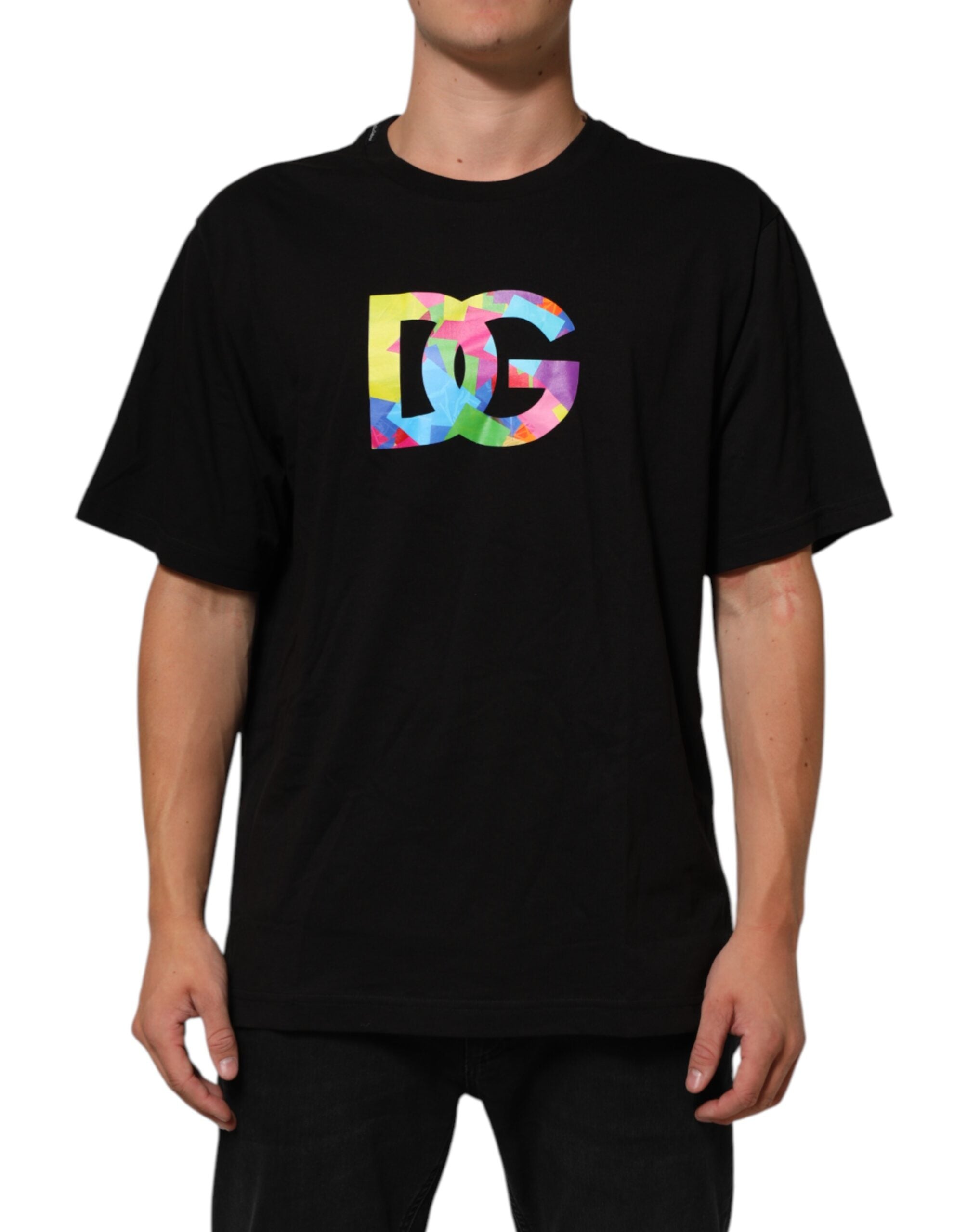 Dolce & Gabbana Black Logo Print Cotton Men Crew Neck Men's T-shirt (Pre-Owned)