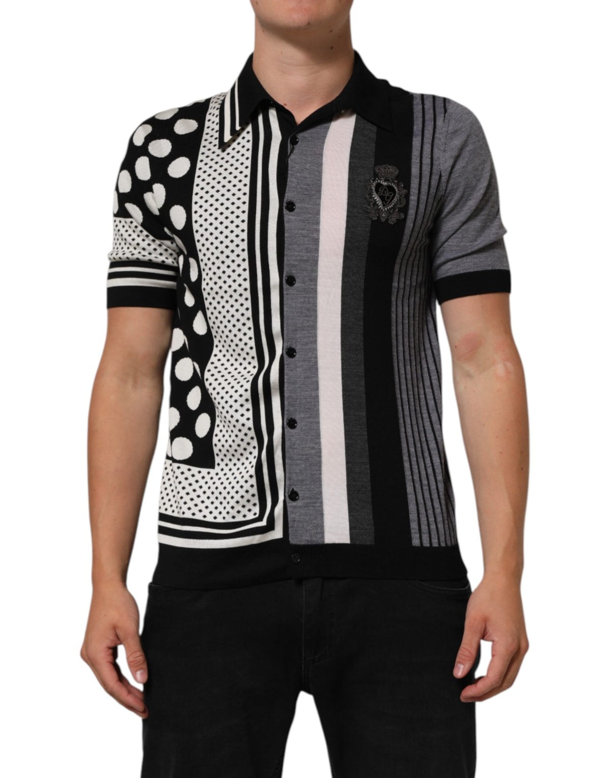 Dolce & Gabbana Black White Polka Dot Collared Polo Men's T-shirt (Pre-Owned)