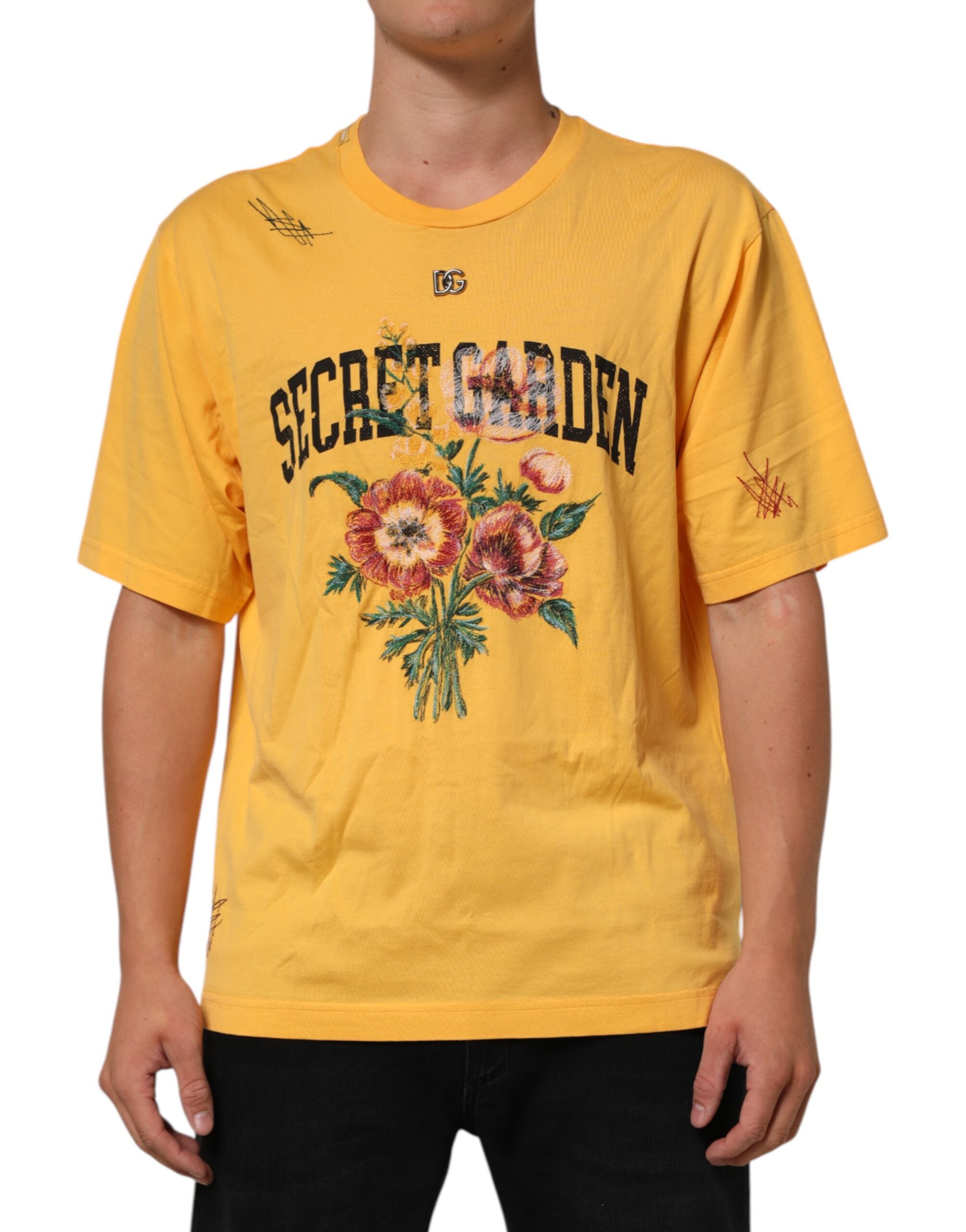 Dolce & Gabbana Yellow Secret Graden Floral Cotton Crew Neck Men's T-shirt (Pre-Owned)