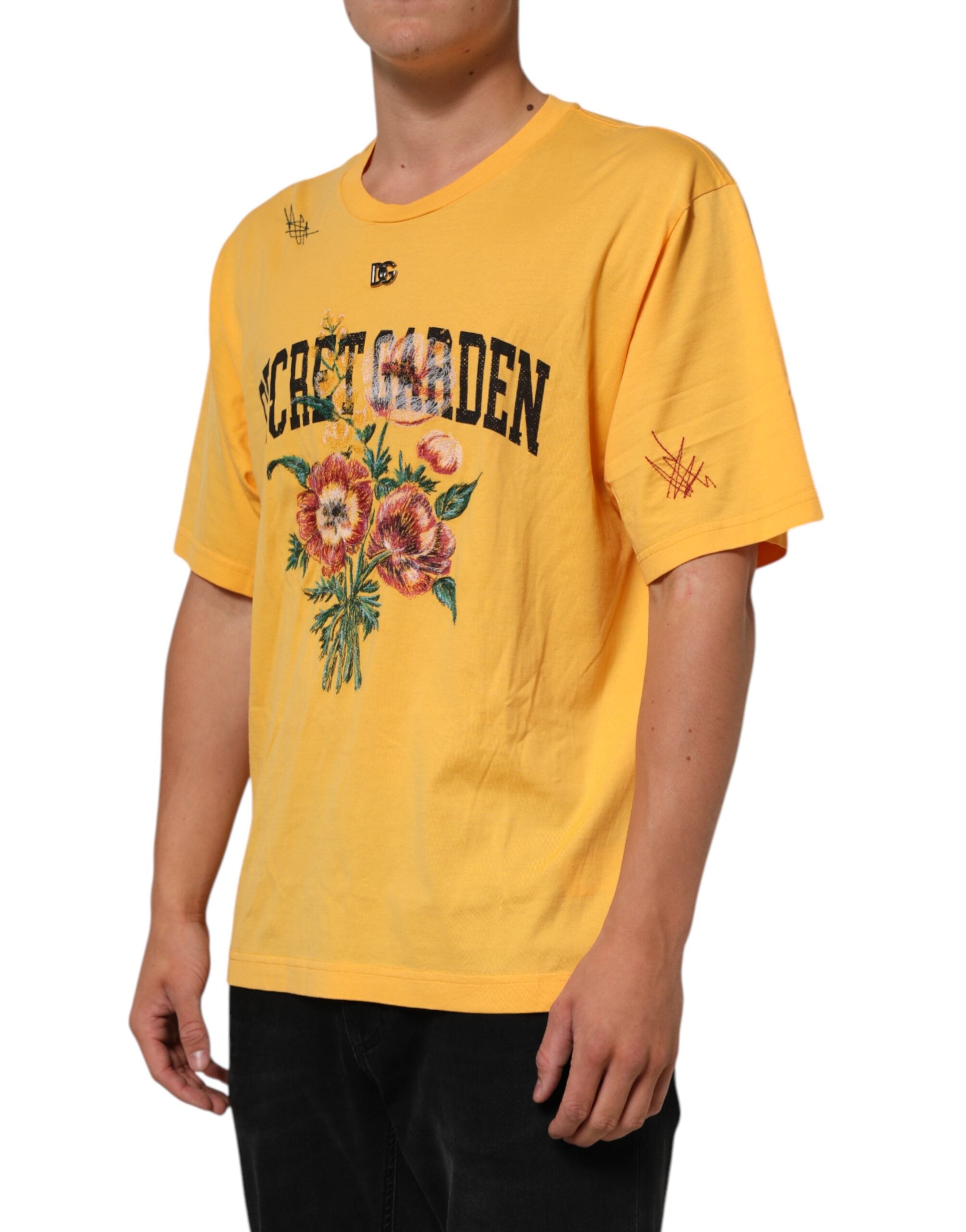 Dolce & Gabbana Yellow Secret Graden Floral Cotton Crew Neck Men's T-shirt (Pre-Owned)