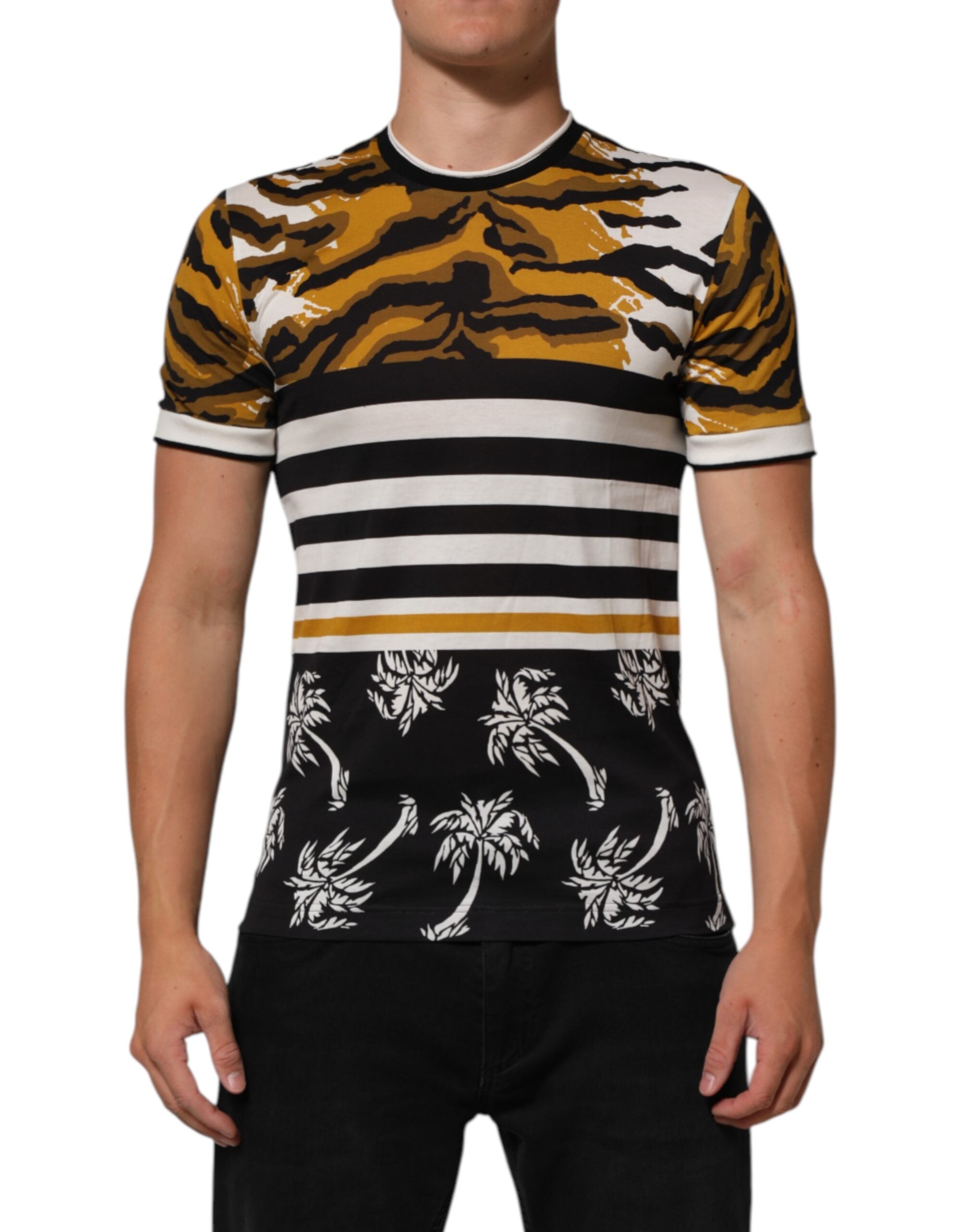 Dolce & Gabbana Multicolor Leopard Palm Leaf Men Crew Neck Men's T-shirt