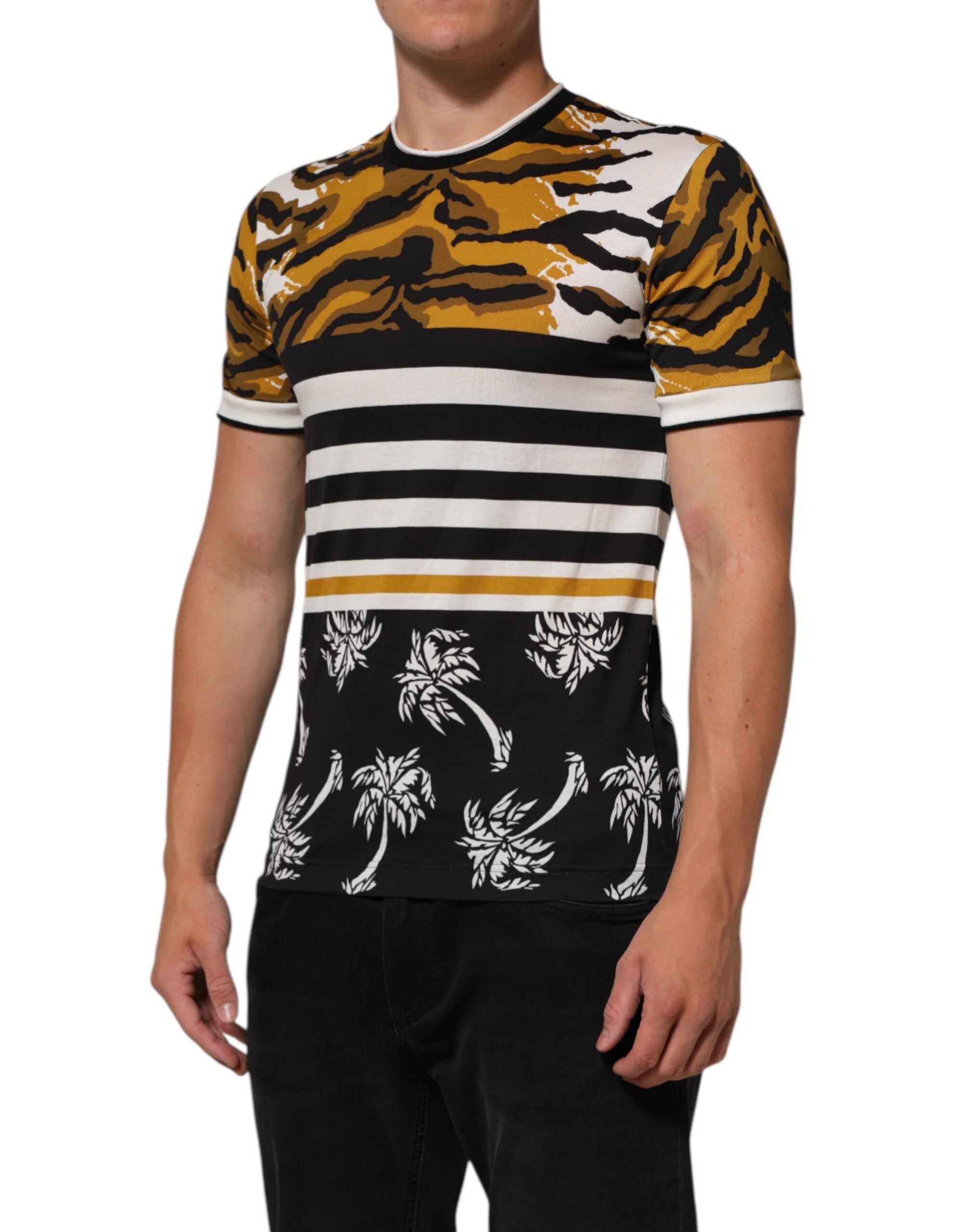 Dolce & Gabbana Multicolor Leopard Palm Leaf Men Crew Neck Men's T-shirt