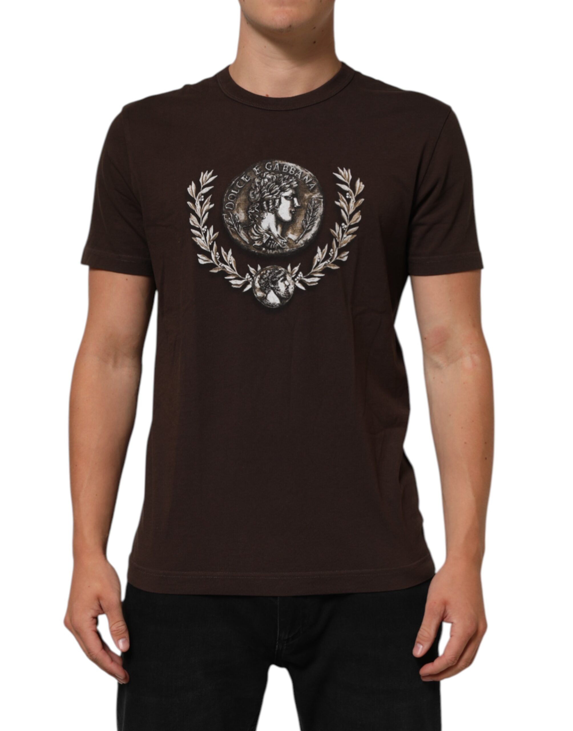 Dolce & Gabbana Brown Coin Laurel Print Men Crew Neck Men's T-shirt
