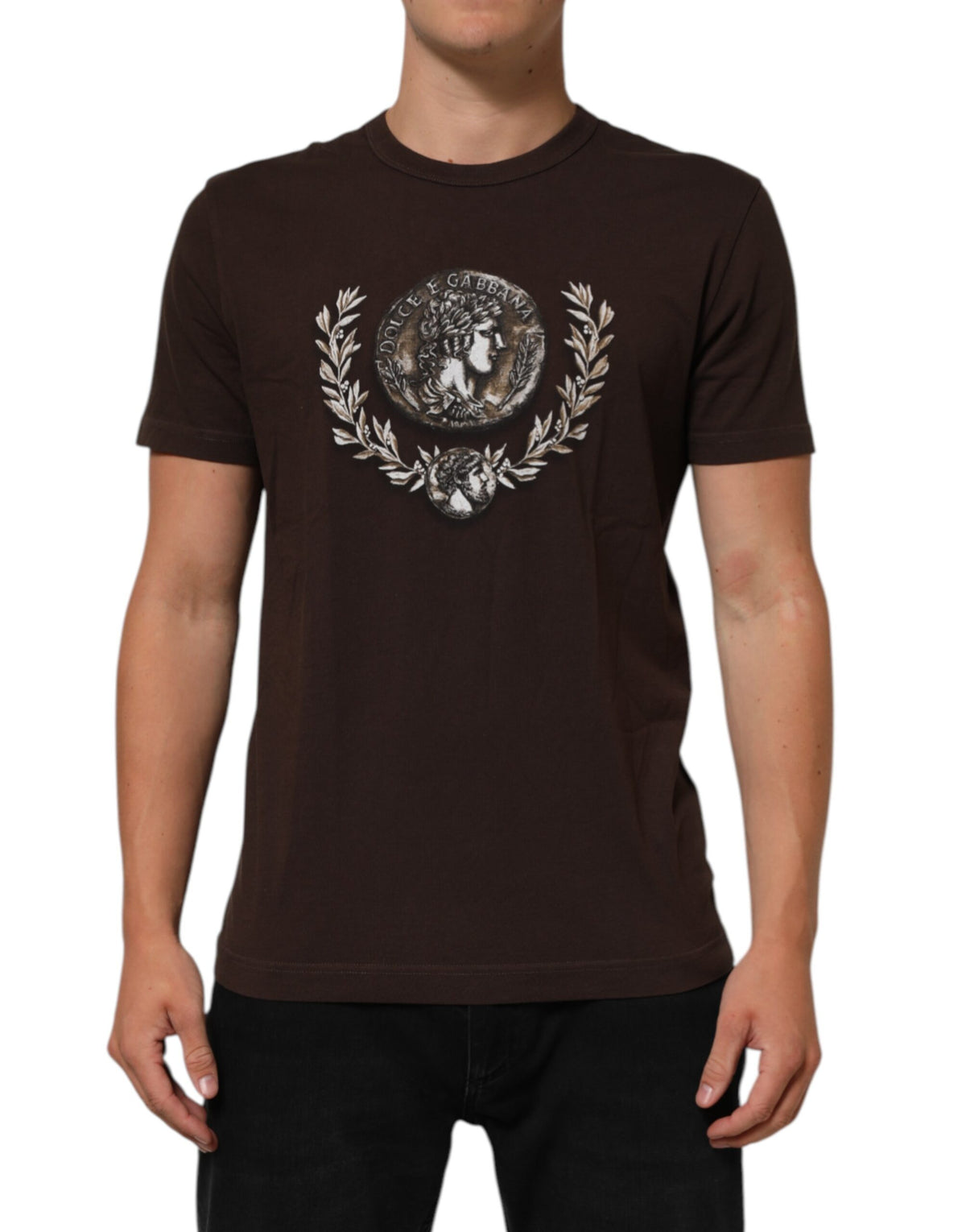 Dolce & Gabbana Brown Coin Laurel Print Men Crew Neck Men's T-shirt