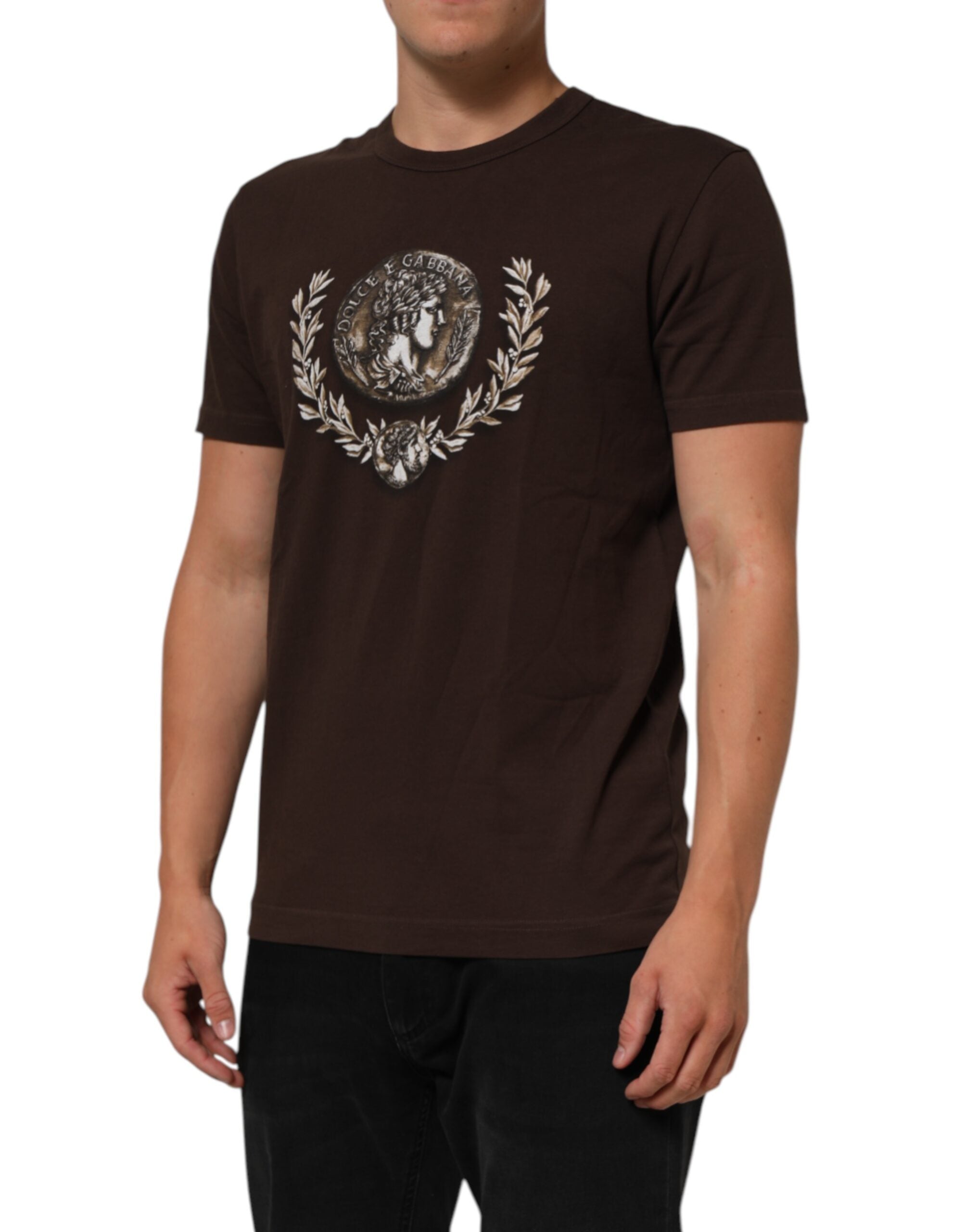 Dolce & Gabbana Brown Coin Laurel Print Men Crew Neck Men's T-shirt
