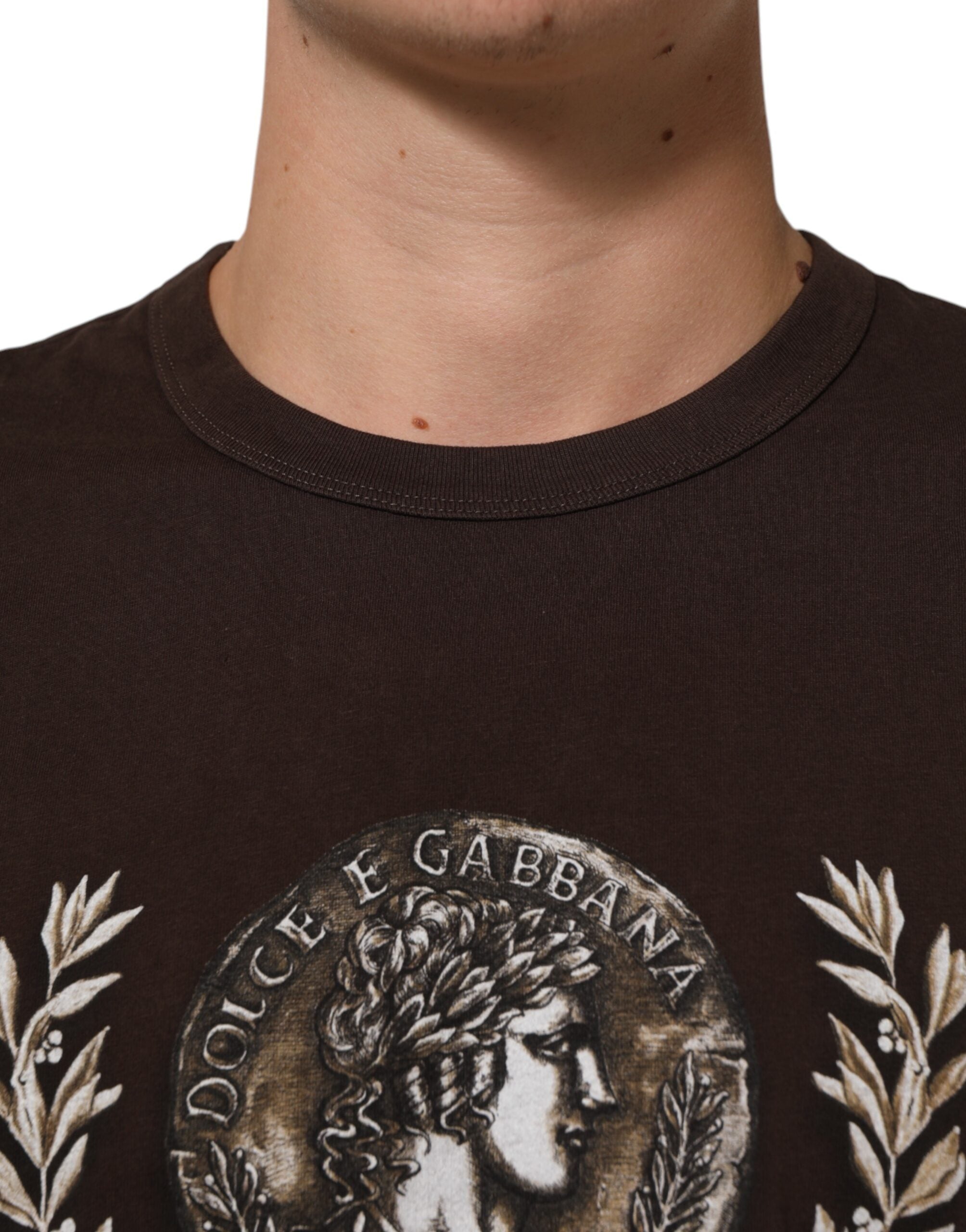Dolce & Gabbana Brown Coin Laurel Print Men Crew Neck Men's T-shirt