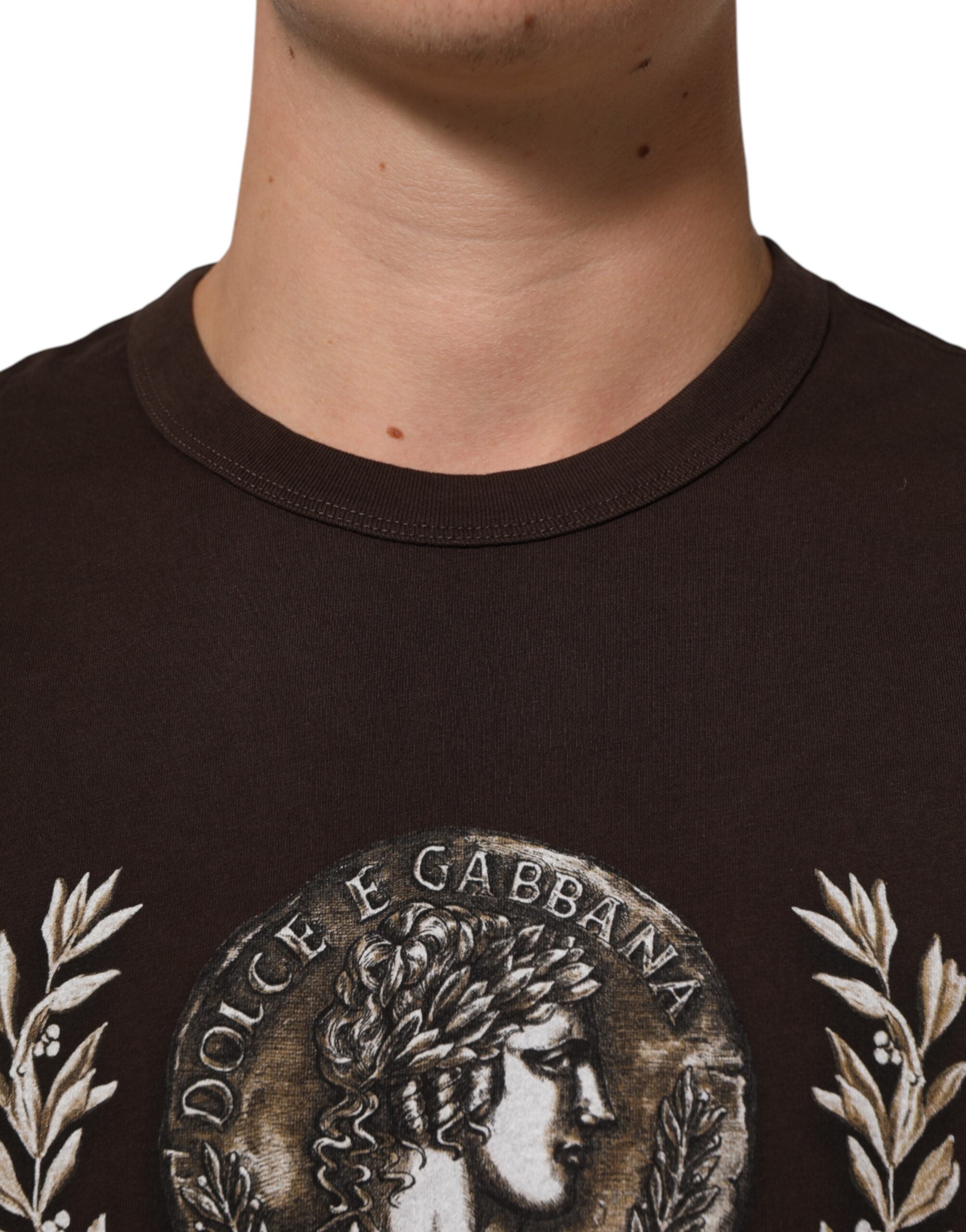 Dolce & Gabbana Brown Coin Laurel Print Men Crew Neck Men's T-shirt (Pre-Owned)