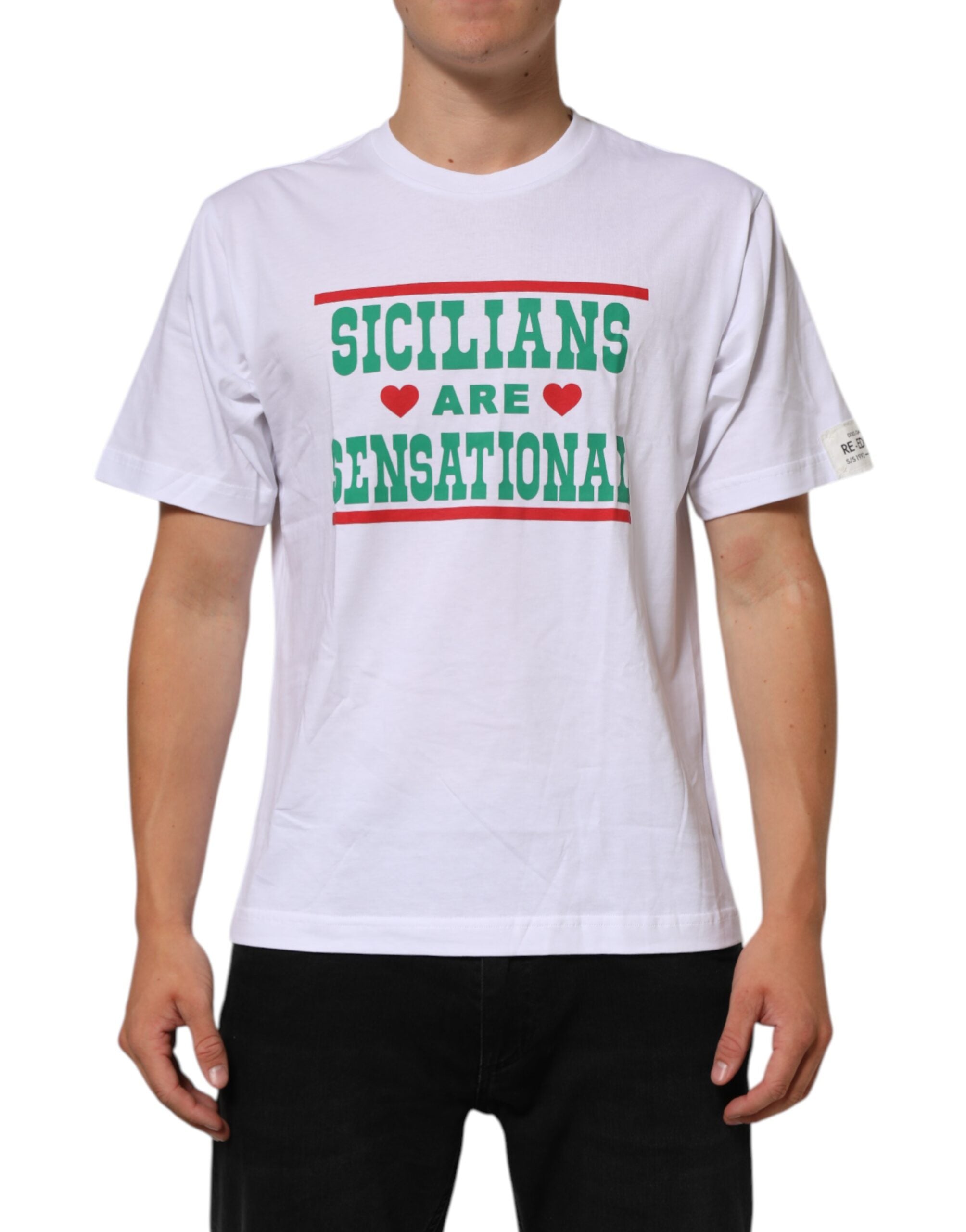 Dolce & Gabbana White Graphic Print Cotton Crew Neck Men's T-shirt