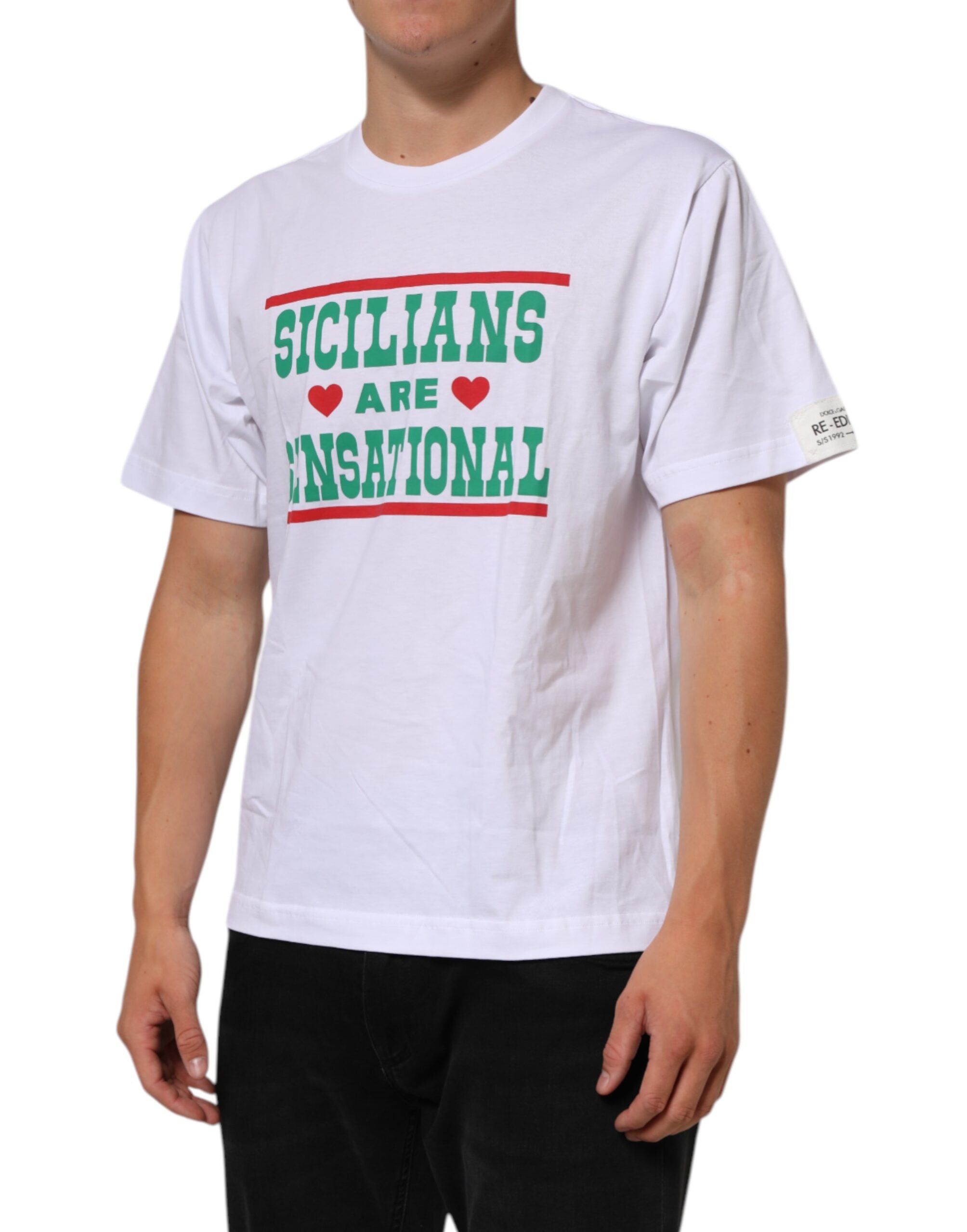 Dolce & Gabbana White Graphic Print Cotton Crew Neck Men's T-shirt