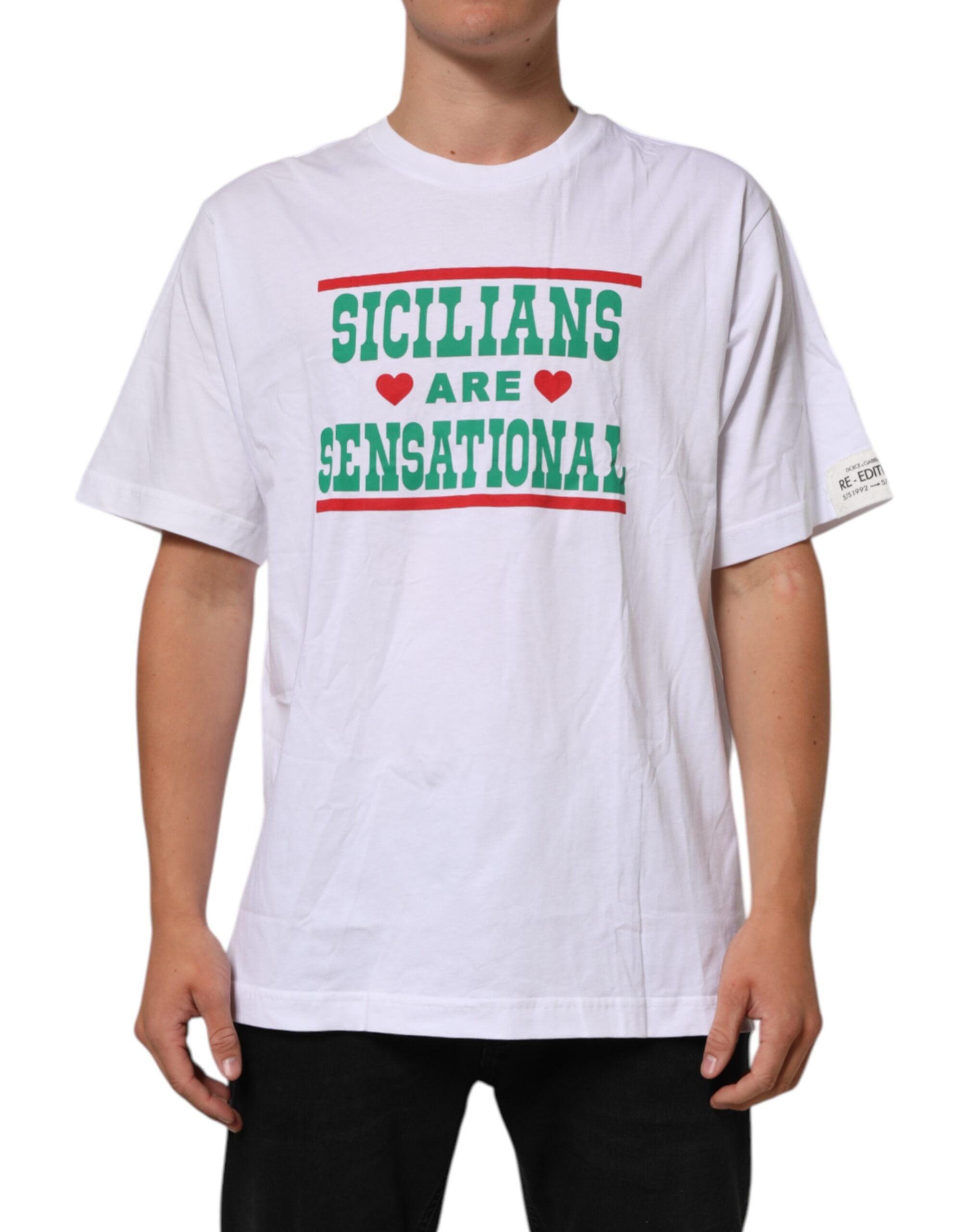 Dolce & Gabbana White Graphic Print Cotton Crew Neck Men's T-shirt