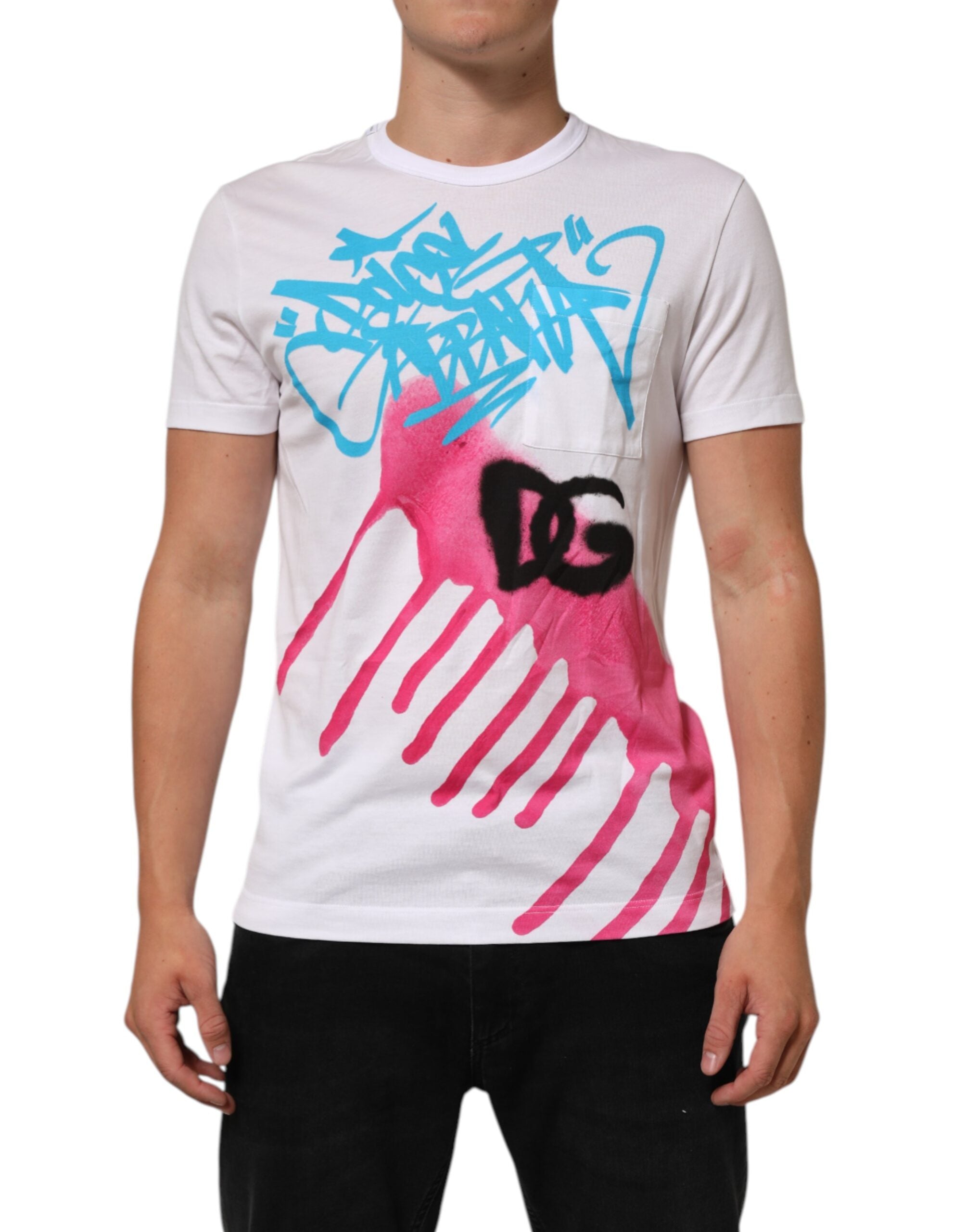 Dolce & Gabbana White Graphic Print Cotton Crew Neck Men's T-shirt