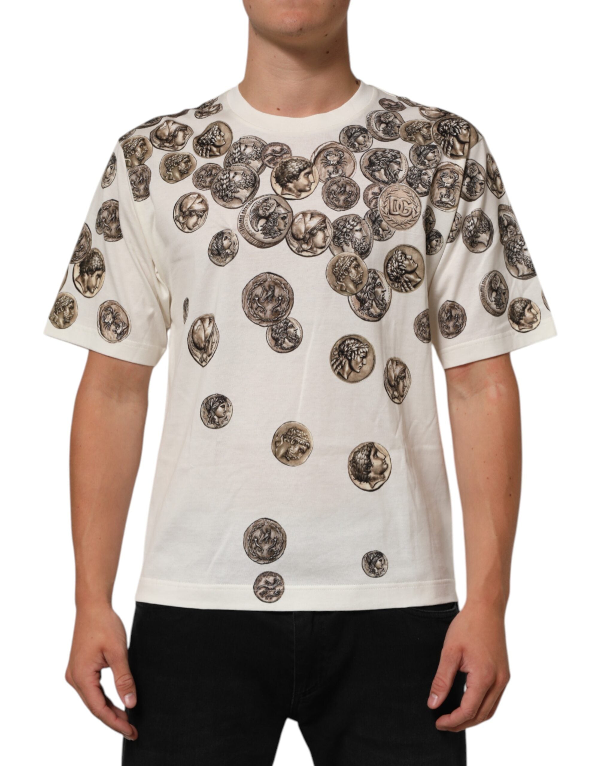 Dolce & Gabbana White Coin Print Cotton Crew Neck Men Men's T-shirt (Pre-Owned)