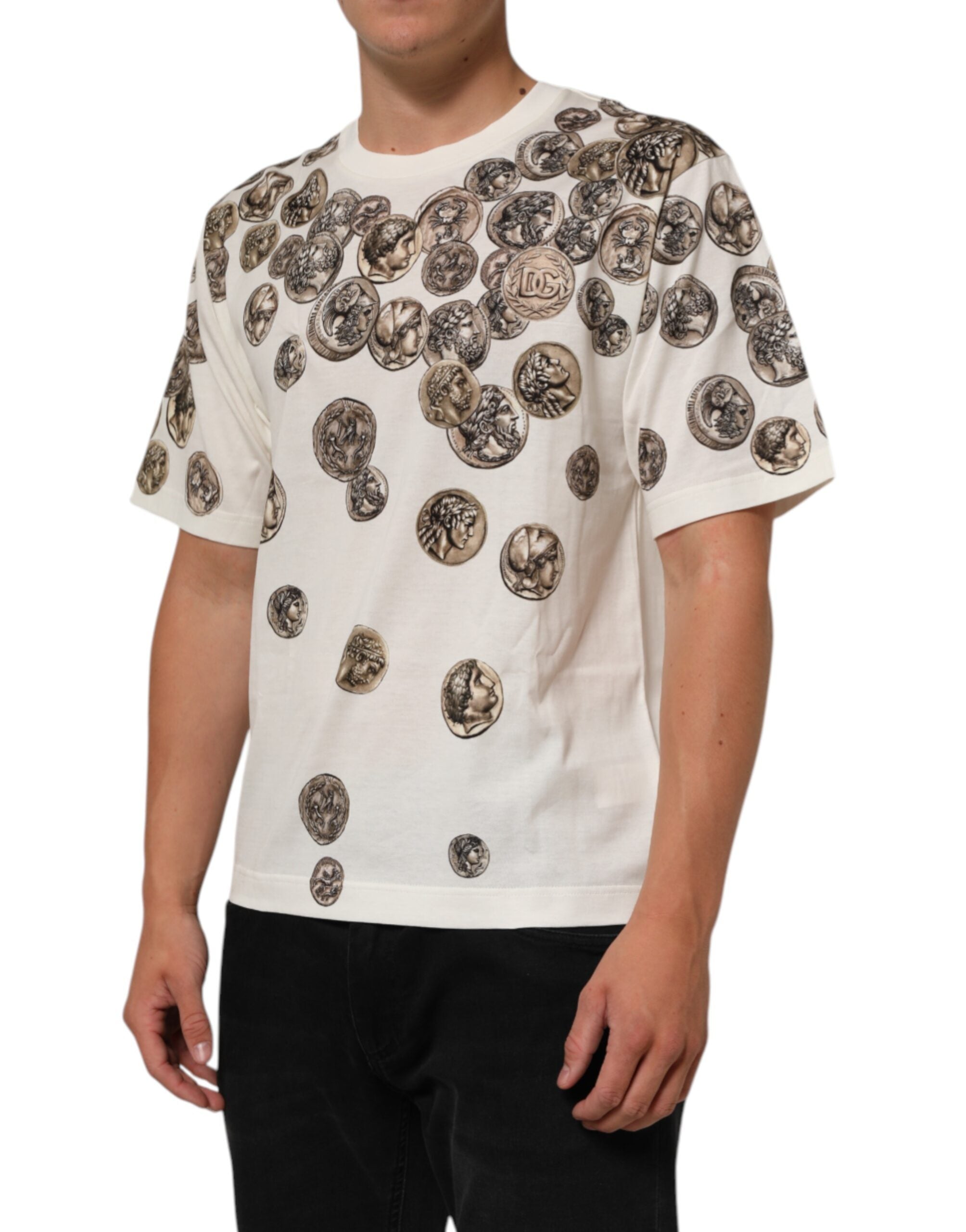 Dolce & Gabbana White Coin Print Cotton Crew Neck Men Men's T-shirt (Pre-Owned)