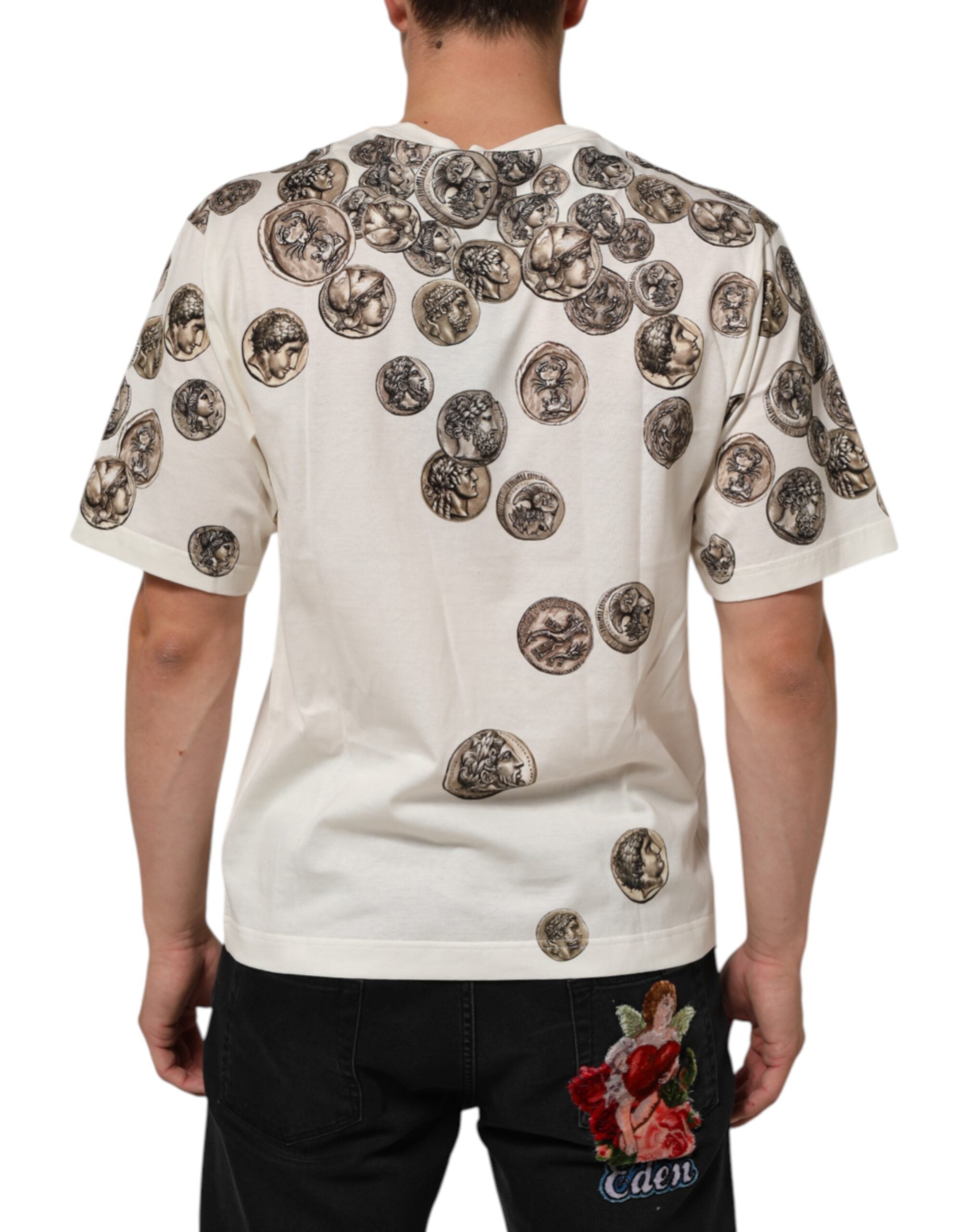 Dolce & Gabbana White Coin Print Cotton Crew Neck Men Men's T-shirt (Pre-Owned)