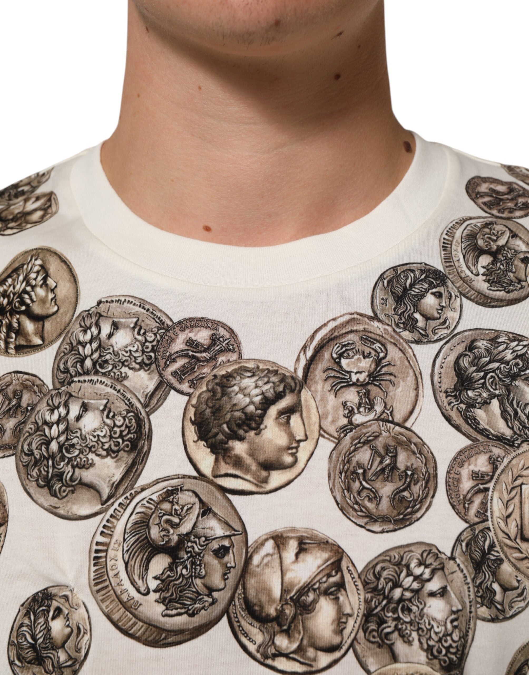 Dolce & Gabbana White Coin Print Cotton Crew Neck Men Men's T-shirt (Pre-Owned)