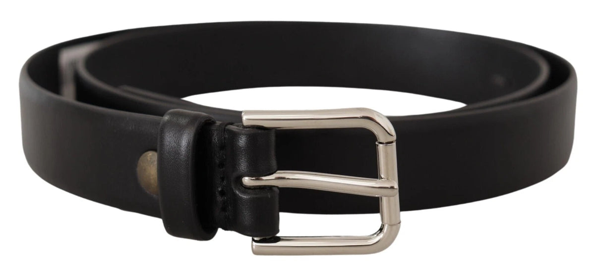 Dolce & Gabbana Black Calf Leather Silver Tone Logo Buckle Men's Belt