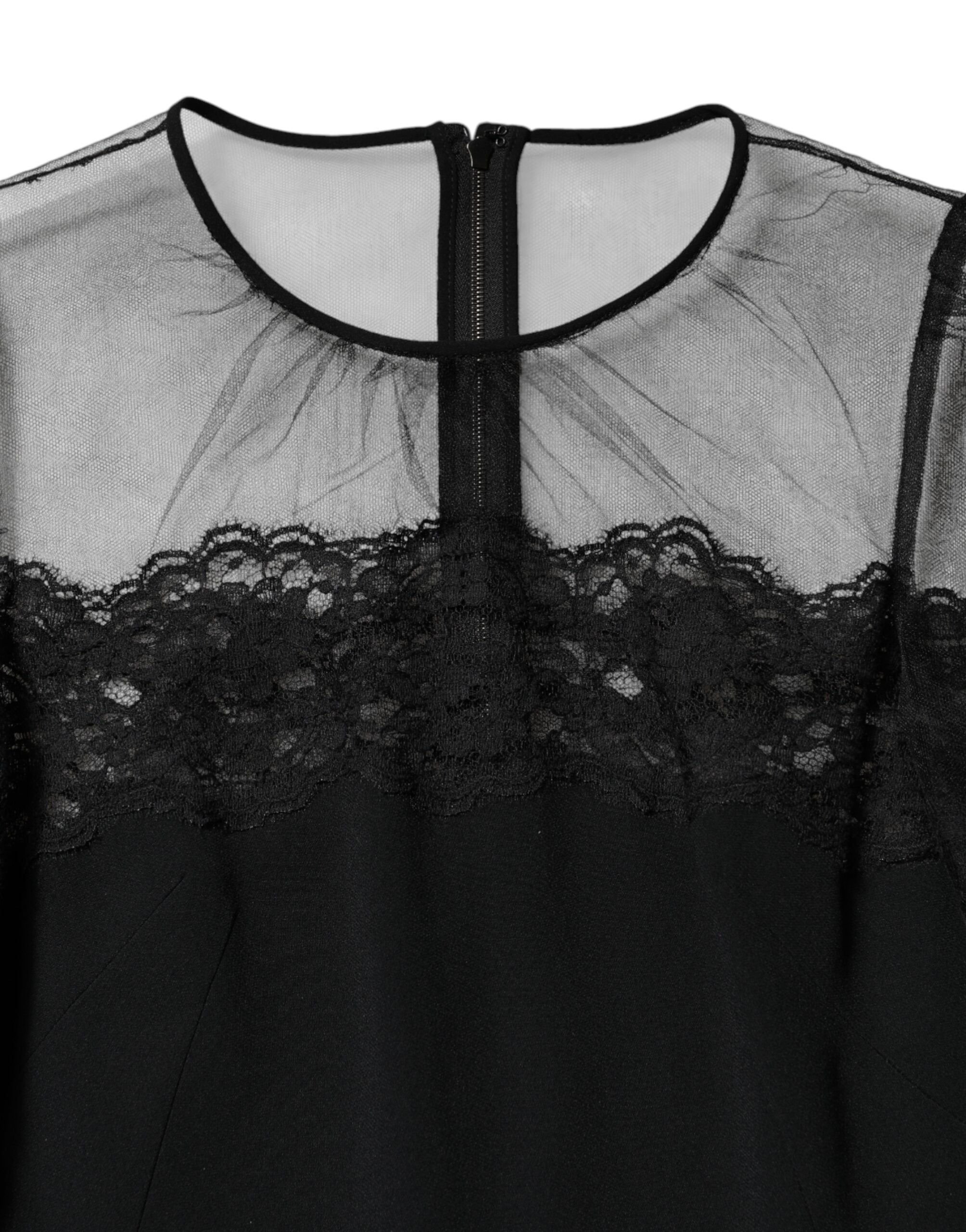 Dolce & Gabbana Black Lace Trim Nylon Tulle SheathMidi Women's Dress