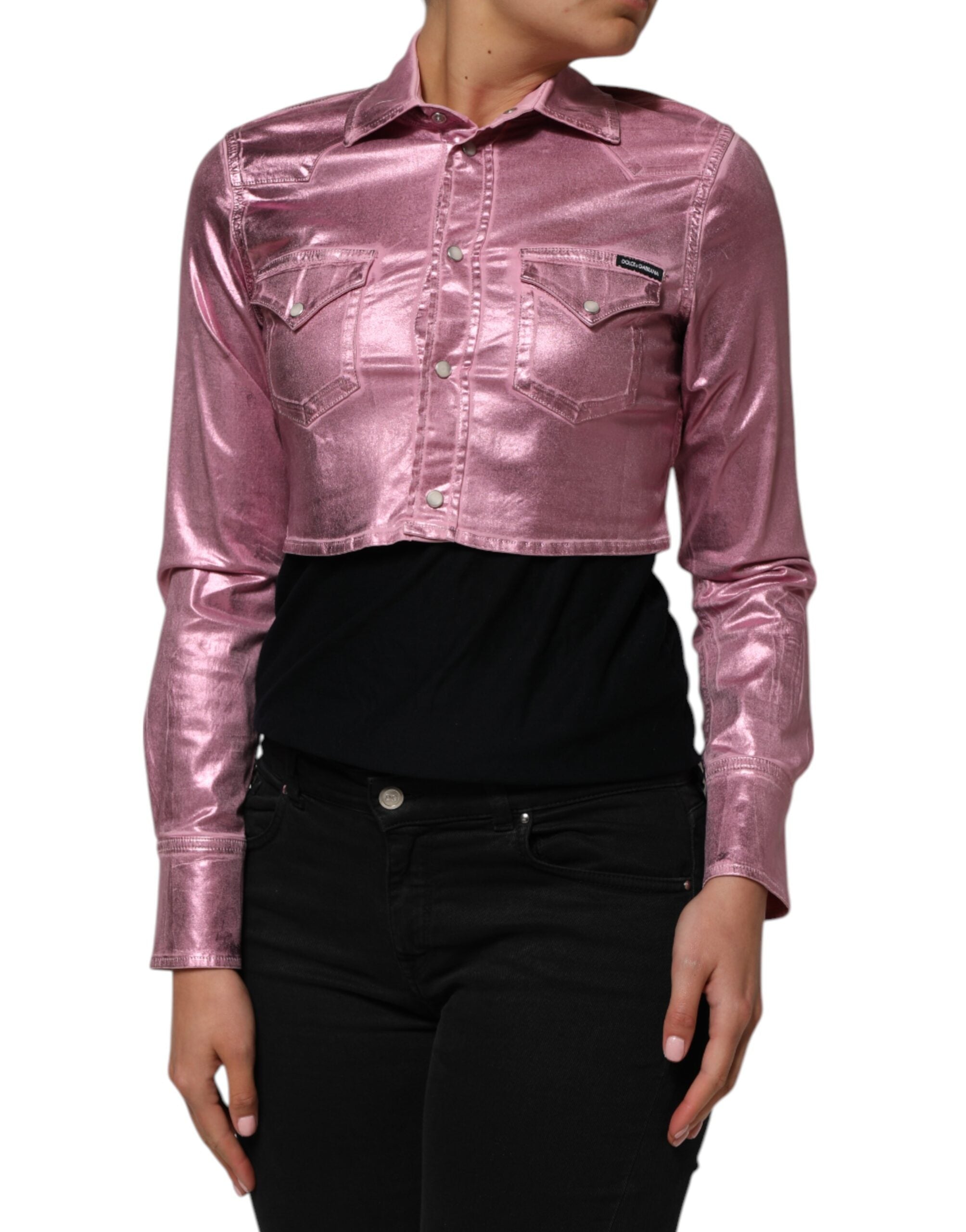 Dolce & Gabbana Pink Cotton Stretch Collared Cropped Women's Jacket (Pre-Owned)