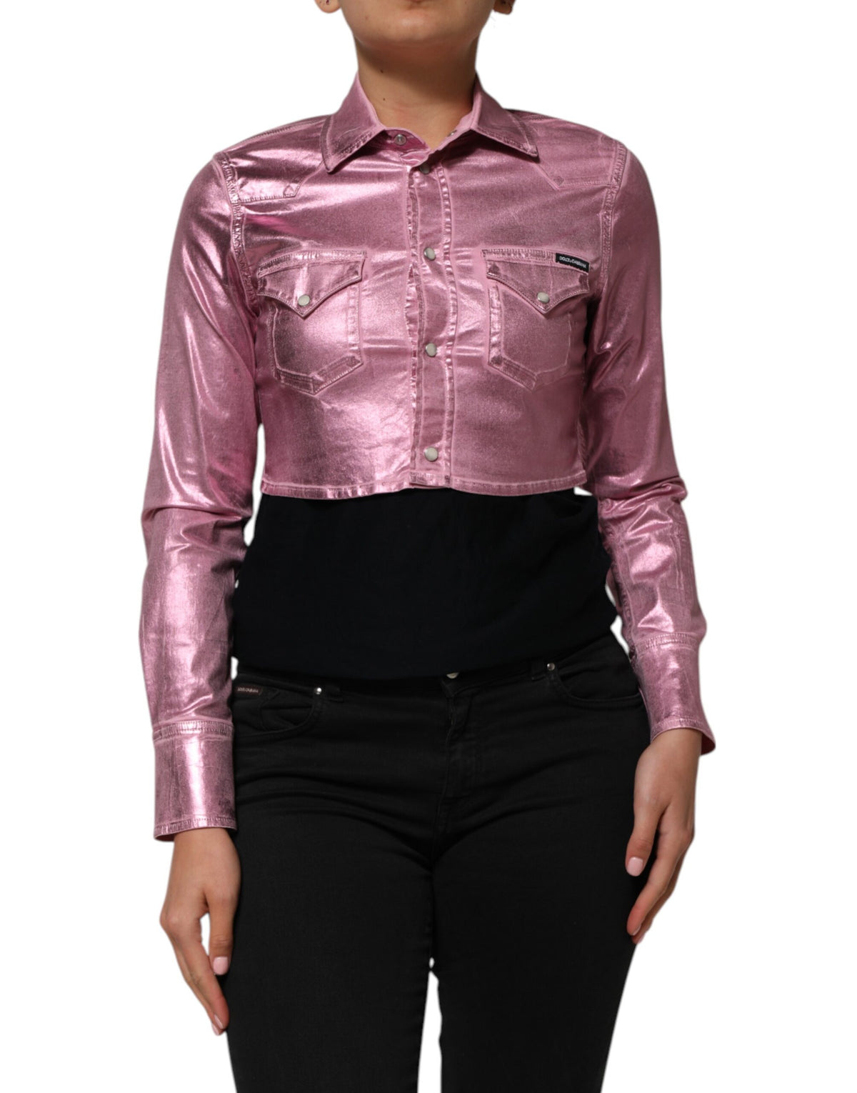 Dolce & Gabbana Pink Cotton Stretch Collared Cropped Women's Jacket (Pre-Owned)