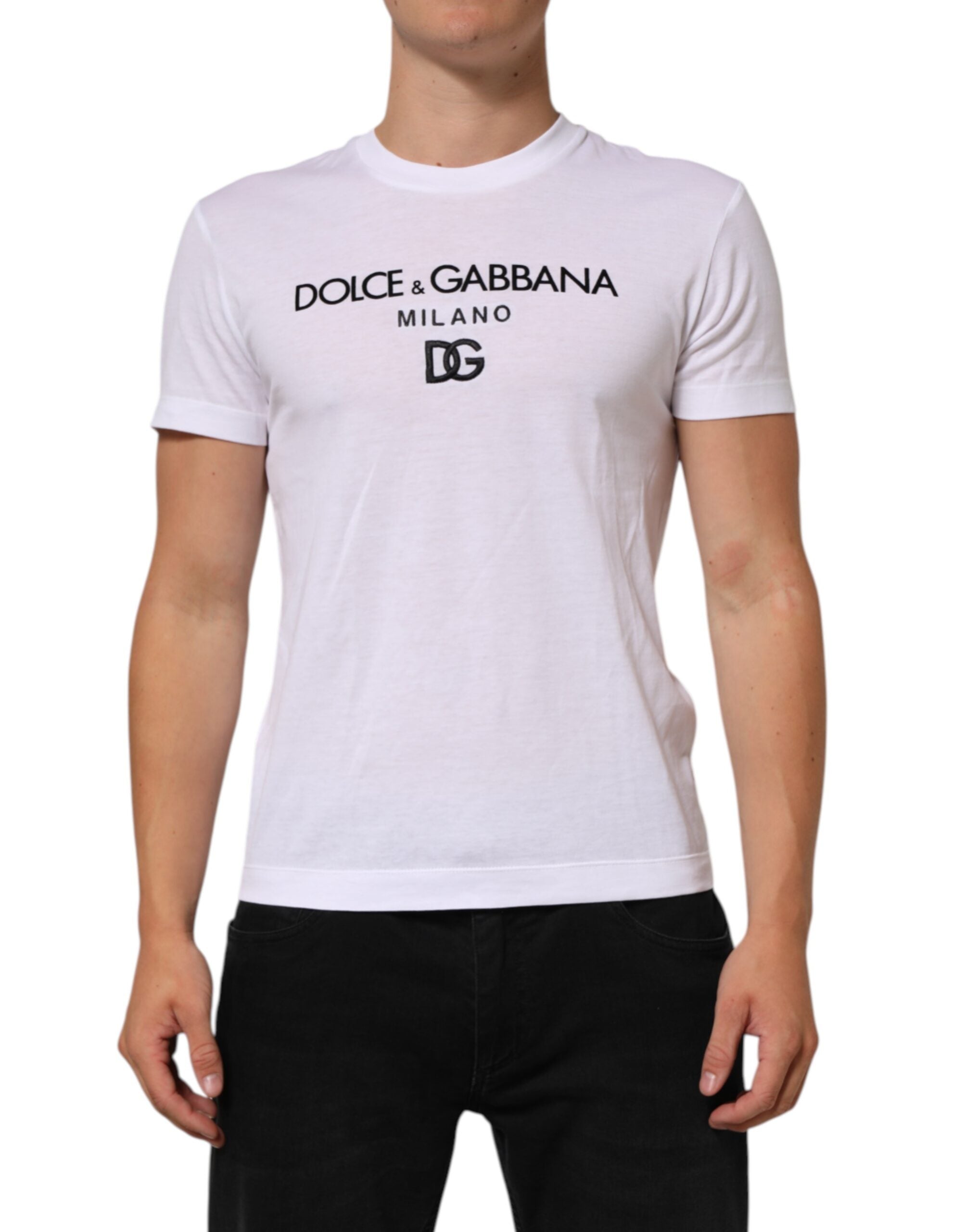 Dolce & Gabbana White Logo Print Cotton Men Crew Neck Men's T-shirt (Pre-Owned)