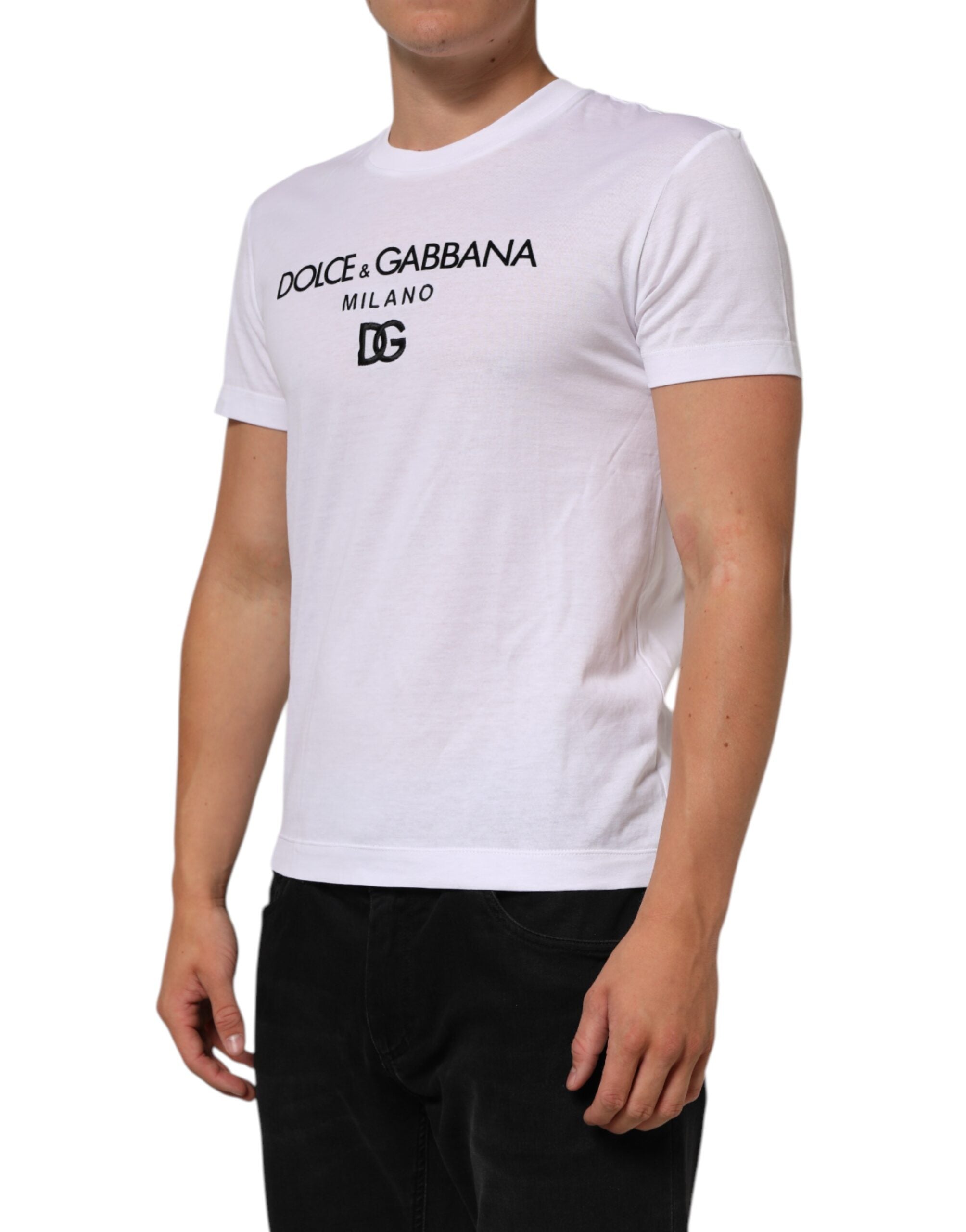 Dolce & Gabbana White Logo Print Cotton Men Crew Neck Men's T-shirt (Pre-Owned)
